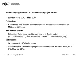28.04.2015Eva-Christina Edinger (PH FHNW) 12/17
Empirische Ergebnisse «AG Medienbildung» (PH FHNW)
• Laufzeit: März 2012 – Mitte 2014
Projektziele:
• Bedürfnisse und Bedarfe der Lehrenden für professionellen Einsatz von
Medien in der Lehre
Partizipativer Ansatz:
• frühzeitige Einbindung von Dozierenden und Studierenden
(Impulsveranstaltung „Medienbildung“, Workshop, Online-Befragung)
Datenbasis:
• Workshop mit 14 Teilnehmenden
• Standardisierte Onlinebefragung unter den Lehrenden der PH FHNW, n=153
(Rücklauf ca. 25%)
 