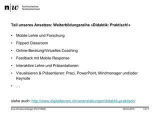 28.04.2015Eva-Christina Edinger (PH FHNW) 14/17
Teil unseres Ansatzes: Weiterbildungsreihe «Didaktik: Praktisch!»
• Mobile Lehre und Forschung
• Flipped Classroom
• Online-Beratung/Virtuelles Coaching
• Feedback mit Mobile Response
• Interaktive Lehre und Präsentationen
• Visualisieren & Präsentieren: Prezi, PowerPoint, Mindmanager und/oder
Keynote
• …
siehe auch: http://www.digitallernen.ch/veranstaltungen/didaktik-praktisch/
 