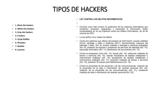 TIPOS DE HACKERS
• 1. Black Hat Hackers
• 2. White Hat Hackers
• 3. Gray Hat Hackers
• 4. Crackers
• 5. Script Kiddies
• 6. Phreaker
• 7. Newbie
• 8. Lammer
• LEY CONTRA LOS DELITOS INFORMÁTICOS
•
• Concibe como bien jurídico la protección de los sistemas informáticos que
contienen, procesan, resguardan y transmiten la información. Están
contemplados en la Ley Especial contra los Delitos Informáticos, de 30 de
octubre de 2001.
• La ley tipifica cinco clases de delitos:
• Contra los sistemas que utilizan tecnologías de información: acceso indebido
(Art.6); sabotaje o daño a sistemas (Art.7); favorecimiento culposos del
sabotaje o daño. (Art. 8); acceso indebido o sabotaje a sistemas protegidos
(Art. 9); posesión de equipos o prestación de servicios de sabotaje (Art. 10);
espionaje informático (Art. 11); falsificación de documentos (Art. 12).
• Contra la propiedad: hurto (Art. 13); fraude (Art. 14); obtención indebida de
bienes o servicios (Art. 15); manejo fraudulento de tarjetas inteligentes o
instrumentos análogos (Art. 16); apropiación de tarjetas inteligentes o
instrumentos análogos (Art. 17); provisión indebida de bienes o servicios
(Art. 18); posesión de equipo para falsificaciones (Art. 19);
• Contra la privacidad de las personas y de las comunicaciones: violación de
la privacidad de la data o información de carácter personal (Art. 20);
violación de la privacidad de las comunicaciones (Art. 21); revelación
indebida de data o información de carácter personal (Art. 22);
 
