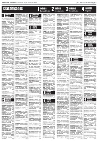 |CLASSIFICADOS|13




                                                                                                 1                                   2 IMÓVEIS 3 VIATURAS                                                           4 DIVERSOS
JORNAL DE ANGOLA•Quarta-feira, 19 de Janeiro de 2011




    Classificados                                                                                       IMÓVEISNISSAN Terrano, 5 portas,
                                                                                                               A/C, 45 mil km, preço acessí-
                                                                                                       Compra&Venda
                                                                                                               vel. Telf: 923546813 (35816)
                                                                                                                                              Arrendamento                           Novas&Usadas                           Negócios


  1                                                                        1
          IMOBILIÁRIO               APARTAMENTO T0, T1, T2 e
                                                                                   IMOBILIÁRIO                 SPARK-LS, preto, 5 portas,
                                                                                                               A/C, música, manual, 3.413
                                                                                                                                                  PARABÓLICA kit completo, c/
                                                                                                                                                  montagem, por 18.000,00 Kz,
                                                                                                                                                                                      70 HECTARES em Caxito, Co-
                                                                                                                                                                                      muna de Quicabo. Telf.:
                                                                                                                                                                                                                         GRAVE, filme seu motorista,
                                                                                                                                                                                                                         empregados ou trabalhadores,
          VENDE-SE
                                    T3 no centro da cidade repa-
                                    rado,c/gerador. Telfs. 9275389
                                    27/918275995              (174)
                                                                                   PRECISA-SE                  km. Telf.: 923253546
                                                                                                               912130335            (368)
                                                                                                                                                  c/ assistência técnica, temos
                                                                                                                                                  HD, PVR e Zap. Telfs.:
                                                                                                                                                                                      926817670
                                                                                                                                                                                                               (573)
                                                                                                                                                                                                                         24Horas,
                                                                                                                                                                                                                         935267575
                                                                                                                                                                                                                                    por    dia.    Tl:
                                                                                                                                                                                                                                                (511)
OU ARRENDA-SE armazém                                                    VIVENDA c/ obras c/ quintal                                              925013201/912423288 (549)           1 HECTAR, em Viana, com di-
c/ escritório, na zona Industrial   ANEXOS dentro e fora da ci-                                                2 CAMIÕES Volvo F12 com                                                                                   DESINFESTAÇÃO               sem
                                    dade c/1,2 e 3 quartos e sala        espaçoso na Vila Alice, Macu-                                            GERADORES 13 a 500 KVAs,            reito de superfície. Telfs.:       cheiro, também disponível aos
de Viana. Tlf: 923236595 (402)                                           lusso,   Ingombotas.      Tels:       A/C, e respectivos trailleres,                                         924380445/912380445
                                    bem localizados. Telfs.927538                                              Chinês. Telfs.: 923375925          Perkins, inglês Insonorização                                          sábados e domingos. Telfs.:
                                    927/918275995            (298)       925572100                (308)                                           Ango-Rayan       Group.     Tl:                              (580)     92829100/917822033         (541)
VIVENDA, luxuosa T4 +                                                                                          /912285600               (567)
1C/piscina e churrasqueira,                                              CASA no Condominio Mama                                                  923432367                (125)      LG TV Plasmas 23, 32,42, 50
                                    VIVENDA do tipo T3 na Vila                                                 TOYOTA Hiace H21, 14 luga-                                                                                AULAS domiciliar, alfabetiza-
                                                                         Muxima em Talatona para                                                                                      adquirindo ganha o suporte




                                                                          3
condomínio S. Paulo de              Alice.Tls: 912228046/9234473                                                                                  TERRENO no Talatona com 1,                                             ção ler,escrever informática e
Luanda, Talatona.Tls: 923461                                             comprar. Telf. 925610438 (277)        res de oringe, A/C duplo                                               de parede de todas polegada.
                                    99                                                                         recém    Chegado.    Telfs:        2 e 3 hectares. Telfs. 9236972                                         internet. Telf.: 921588725/9145
890/923364177            (508)                                                                                                                                                        Tels: 923751438 /912319595
                                                                                   VIATURAS
                                                            (455)                                              933535228/ 912520204 (216)         89/936196952                                                           54926                      (576)
                                                                                                                                                                            (346)                              (205)
APARTAMENTOS T3, T2 e T1,           ESCRITÓRIO virtuais, F/ao
                                                                                   VENDE-SE
bons prédios Maianga, Ingom-                                                                                   TOYOTA Rav4 curto automa-                                              PARABÓLICA           completa,     FESTAS decorações baptiza-
                                    Hotel Trópico, C/gabinetes, do-                                                                               VESTIDOS de noiva, fatos,           16.000.00 Kz, PVR, derivações,     dos casamentos pedidos
bota    e    Marginal.   Tls:                                                                                  tico, vários extras recém che-     convites e brindes. Tlf: 923404
                                    miciliação empresas/adminis-                                               gado.      Telfs:   933535228/                                         assistência. Tel. 925991302 Sr.    doces     salgados.     Tls:
9034517853/914767568 (476)




                                                                                                                                                                                                                         4
                                    trativos. Tl: 926243923 (435)                                                                                 400/923304541 D. Liuba              Pedro                    (279)     914444870/923604126/917094
                                                                         SUZUKI Vitara V6, 5 portas,           912520204                (217)                                (298)
CASA c/ piscina, 2 suites, 3                                             marron metalizado, couro, au-                                                                                                                   388                   (607)
quartos, 1 sala, cozinha ameri-     OU VENDE-SE casa, c/3 quar-                                                CARINA E, em bom estado,                                               MINI computadores novo por-
                                                                                                                                                                                                                                  DIVERSOS
                                                                         tomático,     2001.     Telf.:                                           SNOOKERS matraquilhos de
cana, anexo e 1 quintal, no         tos sala comum, cozinha e            926543984              (579)          A/c, música, em bom estado.        qualidade, fabrico português e      táteis HP 550. Tl: 928577521
                                    WC. Av. Brasil.Tls: 928319197
                                                                                                                                                                                                                                  ALUGA-SE
Benfica. Tlf: 924780751 (474)                                                                                  Tlf: 926604492/925464692           faz-se assistência.Tls: 9235
                                    /933925325               (434)       TRACTOR Massey Ferguson                                      (380)       15369/923523650           (456)                               (599)
VIVENDA, 1º andar Bº Cru-                                                c/ equipamento completo.
zeiro, Ingombota, 3 quartos,        APARTAMENTO T3, junto à              Telf.: 936714396                      TOYOTA Hiace Commuter              PARABÓLICA c/ montagem              AR CONDICIOMADO monta-
                                                                                                  (582)                                           16.000      Kz,    assistência      mos todo tipo de ar condicio-      MESAS 10 lugares, cadeiras,
sala e quuintal. O próprio. Tls:    clínica da Mutamba. Tls:                                                   H15, recém-chegado, bom es-                                                                               tolhas, forros e cubas. Tl:
914055498/921583343 (491)           926079192/923578105                                                        tado e bom preço. Tl:              derivações, temos Dual, PVR         nado e fizemos manutenção.
                                                                         HIACE Comuter recém che-                                                 e Zap. Tels: 923905562 Sr.          Tls: 925748708/915791343           924888720/921355783
                                                        (453)            gado barato. Telfs: 923573343/        923308316             (609)                                                                                                     (362)
VIVENDA de luxo c/ mobília                                                                                                                        Isidoro                   (104)                            (603)
completa e piscina, na Rua 16       RESIDÊNCIA em Windhoek,              912332776                (176)        JEEP Grand Cherokee, V8 a          PARABÓLICA Kit completo                                                TERRENO 1.300m2 em Viana
                                                                                                                                                                                      TERRENO em Viana, zona da




                                                                                                                                                                                                                          4
do Benfica. telf.: 925974482        Namíbia, 5 quartos WC, 2             2 JEEP Opel frontera 4x4, 2.2         1.200.000.00, conversa-se. Tl:     da Mutichoice, c/ cartão, mon-                                         com armazém 360m2. Tls:
                          (535)     salas, cozinha, garagem e                                                  923606098                                                              Caop, BC/murado, C/croquis         917600185/917600187 (438)
                                                                         c/ 70.000Km e c/ 155.000 Km.                                             tagem e assistência técnica         de localização. Tl. 912538899
                                    quintal.Tls: 924716570/9             Tel. 923725335          (323)                                 (597)
                                                                                                                                                                                                                                  DIVERSOS
ARMAZÉM na Av. Coman-                                                                                                                             16.000 Kz. Telfs: 923985271/                                 (606)
                                    17976988                 (468)                                                                                917017570. Sr. Amilcar (190)
dante Valódia, 250 m2 e tem                                                                                    TOYOTA Carina II, recém-che-
                                                                                                                                                                                                                                  PRECISA-SE
escritório c/ 250m2Telfs.:          VIVENDA totalmente mobilada          BMW X5 4.8IS 2006, telefone           gado,     impecável.      Tl:                                          MÁQUINA nova de picolé,
                                    e climatizada em Cacuaco. Tls:                                                                                PARABÓLICA montagem, as-
939092027/935131863 (520)                                                sem fios, excelente música, te-       923409362                          sistência 16.000, vendemos          com tiragem de 80 picoles/mi-
                                    923492920/929227554 (422)            jadilho panorâmico 6.000.000                                 (600)                                           nuto. Tl: 924576437
VIVENDA r/c, 1º T3, anexo e                                                                                                                       Dual, PVR, fazemos deriva-                                             MOTORISTA depesados, c/
                                                                         Kz. Tl: 923573123        (338)                                           ções. Telf: 923492523. Sr.                                  (591)
piscina, espaço p/ 6 carros, no     GUEST-House, quartos 80 dia-                                               TOYOTA 4 Runner, 1º registo                                                                               experiência mínima de 3
Valodia. Telfs.: 923461890/912                                           2 HYUNDAI Getz automático                                                Romão                     (189)                                        anos.Tls: 923224482/9124105
                                    ria, mês negociável, Macu-                                                 em 2010 no valor de                                                    TERRENO     no   Mussulo,
513166                    (506)     lusso.Tls: 923724212/9261            O Km, 1 Toyota Yaris. Tls:            3.300.000Kz. Tl: 924779077         ESTALEIRO de 15.000 m2 ve-          600m2, 2º linha. Contacto:         56                     (439)
APARTAMENTO T3, c/ cozi-            66152                   (479)        923444611/917425919 (374)                                     (598)      dado em Cacuaco por                 934763337
                                                                                                                                                  99.000.000       Kz.      Telfs:                     (103.445)         TÉCNICO electrónico, expe-
nha montada climatizada no                                               RAV 4, 5 portas, A/c, e Starlet                                                                                                                 riente c/ carta de condução.
Projecto Nova Vida, 240.000.        VIVENDA, 1º andar Bº Cru-                                                  RAV 4, 5 portas matrícula, LD      923493123/ 9337007274 (173)
                                    zeiro, 3 quartos, 1 sala, quintal.   Sonangol recém chegado. Tlf:                                                                                 TERRENO         no        Bom      Telf.: 923449889       (557)
Telf.: 923461890       (498)                                                                                   65-11-AE, bom estado a
                                    O próprio.Tls: 914055498/92          929561362                (410)        9.5000. Tl: 923648869              FORNECEMOS telemóveis de            Jesus,Viana, Benfica Talatona.     PROCURO, parceria no ramo




                                                                                                                                                                                       4
APARTAMENTOS novos T1 e             1583343                     (492)                                                                  (583)      luxo banhados em ouro ou            Tls: 935597437/929979980
                                                                         MITSUBISHI canter nova no                                                com pedras de diamante, ex-                                            da educação, no ensino parti-
T3 Cond. Astros Talatona p/                                              valor de Kz. 3.650.000.00. telfs.                                                                                                     (616)     cular, Colégio ou escolas com-
250.000 e 500.000 negociá-          VIVENDA na Coreia, gerador,                                                VOKSWAGEM Golf 4, azul-es-         clusivos. Tl: 935267575 (512)
                                                                                                                                                                                               DIVERSOS
                                                                         923588612/931750821                                                                                                                             participadas. Telf.: 923400431
veis. Telfs.: 912513166/923461      4 quartos, 2 suites reparads.                                  (482)       curo LD-44-23-CS, com AC.          GERADORES de 5. KVAs,                                                                            (552)
                                                                                                                                                                                               NEGÓCIOS
890                       (499)     Tlf: 923232103                                                             Tls: 925021622/923648464           Honda, Kobota, elemax leva-
                                                            (472)        DINA 250, ano 2000, a bom                                   (590)                                                                               TÉCNICO C. Civil, procura
VIVENDA, na Vila Alice T3,                                                                                                                        mos   ao    domcilio.   Tls:                                           parceria, c/ pequena ou média
                                                                         preço. Tl: 924950517                                                     912507722/923336488 (533)
quintal p/ 1 jeep e apartamento     VIVENDA c/ 4 suites mobilado,                             (440)            SUZUKI Jime 7.500Kl de es-                                                                                empresa de C. Civil, p/ execu-
T1, na Av. Brasil, 1º andar.        piscina Cond. Atlântico-Sul Ta-                                                                                                                   FORNECEMOS câmaras de
                                                                                                               trada cor preta manual,            PARABÓLICA kit completo,            segurança para empresas, re-       ção de obras no interior. Telf.:
Telfs.: 939092027/935131863         latona. Tlf: 923461890/915131        X5 2006, cor preto, a bom             2.000.000.00Kz. Tl: 924912991      montagem, assistência a Kz                                             935134821                 (565)
                           (517)    66                       (509)                                                                                                                    sidencias, quintas, viaturas e
                                                                         preço. Tl: 924950517  (442)                                    (383)     16.000, rep. em hoteis, pen-        creches. Tl: 9352267575 (510)      AUDITÓRIO, para alugar (pa-
VIVENDA, na Rua da Samba,           APARTAMENTO T2, na S. Fa-                                                                                     sões e derivações. Tlf:                                                lestras). Contacto telefónico
                                                                         X6, 2009, recém-chegado, a            HIACE Sapatilha, Rabo de           923380811 Sr. Rosário (614)
reparada, climatizada, gerador.     mília, 3º andar, tem gerador,                                              Pato, Rav4, autocarro Toyota                                           DESINFESTAÇÃO              sem     923404805                 (377)
Contacto telefónico: 9235743                                             bom preço. Tl: 924950517                                                 TERRENO vedado 30 por               cheiro, anti-alérgico, não pre-
                                    pronto a habitar. Telfs.:                                   (441)          Coaster. Tl: 924945054 (618)
02                        (551)     939092027/935131863 (519)                                                                                     28m, Cacuaco, junto das             cisa sair. Tels: 928648007,        EMPREGADA doméstica de
                                                                                                               SUZUKI Grand Vitara V6 cor         Bomba, nova urbanização. Tls:       917606962                 (122)    20 a 25 anos. Contacto telefó-
VIVENDA no Futungo, Rua C,          DUAS vivendas, na Vila Alice         MITSUBISHI, Pick-Up, L200,            Bege     metalizado.    Tl:        923336488/912507722 (532)                                              nico 923404805          (359)
condomínio Morro Bento e                                                 4x4 cabine dupla, preto, 2007,                                                                               LAVAMOS ao domicílio sofás,
                                    T4, c/mobília e T3 sem mobília,                                            937850978            (612)                                             cadeiras, tapetes, cortinas, in-
Maculusso. Tls: 935597437/92        pronto a habitarem. Telfs.:          bom preço. Tl. 924950517                                                 GERADORES 13 a 1000 KVA                                                LOCAL para a montagem de
9979980                (614)                                                                      (443)        RAV 4, 5 portas, A/c, jantes es-   Perkins e Lister Insonorizado       terior de viaturas e desinfesta-   Centro Técnico Profissional.
                                    939092027/935131863 (518)                                                                                                                         ção anti-alérgico. Tls:9286480
                                                                         STARLET Sonangol de 3 por-            peciais, versão europeia, 1998,    Beledear.Tls:      923320418,                                          Telf.: 923404805       (372)
VIVENDAS no centro da ci-           EDIFÍCIO, c/ 20 suites, 9 com-                                             impecável LD-AU, 13.500, dis-      923343142                (149)      07/917606962              (107)
dade T3 e T4, s/intermediário.                                           tas, recém chegado da europa
                                    partimentos, parque. Telf:           Tlf: 929561362          (529)         cutível. Tl: 923662740                                                 REPARAMOS computadores             COZINHEIRO, para refeitório,
Tl: 934015971                       929394580                 (537)                                                                               TERRENO, c/ 1.550m2, P/                                                em Viana. Respostas. Telf.:
                        (605)                                                                                  CAVALINHO Volvo F10, atre-         Banco ou armazém, depois da         portáteis e de mesa ao domici-
                                                                         NISSAN, Pick-Up, 4x4, cabine                                                                                 lio. Tls: 927725690/918278923      244936797001
                                                                         dupla cinzenta, 2003, a bom           lado 40” bom preço. Tl:            Panga-     Panga.    Telfs.:                                                                 (577)
VIVENDA T4, no Maculusso,           VIVENDA r/c, 1º andar, loja,                                               923581383           (624)          912513166/923461890 (505)                                    (477)
garagem, p/5 viaturas. Tls:         salão, 3 quartos, na Petrangol.      preço. Tl: 924950517   (444)
                                                                                                                                                                                      VENDEMOS e arrendamos o            PESSOAL que saiba trabalhar
926201264/923362410                 Telfs.: 934763435/925888549                                                MITSUBICHI Pajero, 2010, 7         AR CONDICIONADO Split,                                                 em atendimento ao cliente. Tl:
                                                              (563)      MITSUBISHI Outlander novo                                                                                    seu apartamento, vivenda, ter-
                      (608)                                              O Km.Tls: 923313629/92                lugares, =Km, a bom preço.         9,12,18 BTU, montagem e as-                                            222409336               (601)
                                                                                                               Tl: 924285294        (644)         sistência. Telf.: 933696172         reno, somos profissional no
CASA comercial, C/terreno de        VIVENDA T4, c/ piscina,              5045807                (446)                                                                                 mercado.Tls: 914767568/934
                                    anexo, energia, no B. Benfica.                                                                                                          (521)                                        ESPAÇOS habitação comer-
37.916m2, na Maria Teresa,                                                                                     TOYOTA Tundra Crew Max e                                               517853                 (475)
(Icolo Bengo). Tl: 923611048/       Telfs.: 926492058/923600785          TOYOTA Yaris recém-chegado            Chevrolet Avalanche com            CAMPAS, floreiras, fotos e                                             cial, obras para alugar. Tl:
912952621                (602)                              (564)        a melhor oferta.Tls: 92491579         novos, bompreço. Tl9180            adornos, montagem incluída.         EFECTUAMOS obras de                924047721             (610)
                                                                         3/924606300              (432)        29073/931155469         (485)      Telf.: 921662309                    construção civil de raiz, de vi-
CASA no Largo do Patriota T3,       APARTAMENTO T3, 1º andar,                                                                                                               (540)     vendas económicas T3/T2 e          1 COZINHEIRO residente em
C/anexo, garagem 6 carros           2 WC, 3 varandas. Telfs.:            CRYSLER 300 c pouca kilo-             BMW, modelo X5, 2007, C/7                                              T4,    no      seuterreno.Tls:     Viana. Tls: 936005359/91574
                                    912697055/924186350 (566)            metragem,impecável 3.500              lugares cor verde, 60.000Km,       COMPUTADORES novos por-                                                5293                    (621)
750.000.00.000    Kz.     Tl:




                                                                                                                3
                                                                                                                                                  táteis e plasmas c/ impresso-       935131953/923608545 (530)
924757519              (584)                                             .000 Kz. Tl: 918330232 (436)          a bom preço. Tls: 923360656
                                    CASA Condomínio fechado                                                    /934575304              (504)      ras, por 88.500,00 Kz. Telfs.:      EFECTUAMOS Consultoria ju-         COZINHEIRO residente na In-
                                                                         ÚLTIMO Nissan Patrol full extra
                                                                                                                        VIATURAS
APARTAMENTO                T3,      Maravilha Talatona T3. Tl:                                                                                    923448647/917939167 (539            rídica e consultoria para pro-     gombota. Tl: 923040000
                                                                         LE executivo bom preço, 2011                                                                                 jectos financeiros.Tls: 9351319                           (622)
18.000.000 Kz, N/vida vivenda       924009267                            OK. Tl:923302056/918331267                                               COMPUTADORES portáteis e
                                                                                                                        ALUGA-SE
T7, 90.000.000Kzs, Talatona.                             (587)                                                                                    de mesa HP Toshiba e Acer a
                                                                                                                                                              ,                       53/923608545               (531)
                                                                                                  (466)                                                                                                                  ASSISTENTE administrativa
Tl: 921581603            (589)                                                                                                                    partir de 60.000,00 Kz. Telfs.
                                    VIVENDA e moradia no Alva-                                                                                                                        FAZ-SE contabilidades em re-       com experiência em contabili-
                                                                         RAV 4 , 3 portas, verde metalizado    RECTROESCAVADORA com               923287813/914546922      (98)




                                                                                                                                                                                                                          4
APARTAMENTO de 1 e 2                lade e Ingombota 3 e 5 quar-                                                                                                                      gime diferido no Zango e           dade, zona Bento Bento Ben-
                                                                         jantes especias, telas, DVD, A/C, e




 2
quartos na Ingombota. Tls:          tos. Tls: 912528098/92360562                                               manobrador profissional. Tls:                                          Viana. Tl: 923573123   (336)       fica. Tl: 912704050   (645)




                                                                                                                4
                                    8                         (594)      luzes cheinos. Telfs: 924712235/      914354420/926667092                PLASMA LG de 22, 26,32, 42,
912528098/923605628 (595)
                                                                                                                                                                                                                                 DIVERSOS
                                                                         923717414                     (292)                          (592)       50, 60 polegadas, 1 ano de ga-      LAVAMOS,        ao    domicílio
         IMOBILIÁRIO                APARTAMENTOS de 1, 2 e 3                                                                                      rantia, c/ entrega ao domicílio.    sofás, cortinas, tapetes, inte-
                                                                                                                        DIVERSOS                                                                                                 OFERECE-SE
                                    quartos na Vila Alice e Ingom-       CAMIÕES usados, Volvo,                                                   Telfs.: 925013201/912423288         riores de viaturas colchões, la-
         ARRENDA-SE                 bota. Tls: 912528098/9236056         Iveco e M.A.N. Tl: 923575415                                                                      (550)      vagem de residências e

VIVENDA T3, nova, junto ao
                                    28                        (593)
                                                                         MOTO Honda 175CC, poucos
                                                                                                  (528)
                                                                                                                        VENDE-SE                  AR Condicionados, venda ins-
                                                                                                                                                  talação, Manutenção garantia,
                                                                                                                                                                                      biomos. Telfs: 928974869(188)
                                                                                                                                                                                      CONSULTOR Software prima-          JOVEM motorista profissional,
Lar  do    Patriota. Telfs.:        RESIDÊNCIA no Bairro 500,                                                                                                                                                            C/9 anos de experiência pro-
                                    casas em Viana ideal para em-        km, 200.000 Kwanzas. Telf.:           TERRENO com direito de Su-         TV plasma, estabilizadores          vera alocado ao mercado de
924411163/925918568 (574)                                                923383400            (572)                                               S/20 Kva.Tls: 912216306/92          Viana. Tl: 923573123      (337)    cura emprego. Tl: 923595845
                                    presas. Tls: 912503323/9122                                                perfície pago, Vivendas e Apar-                                                                                                   (628)
VIVENDAS e Apartamentos no          09950/924965276         (588)                                              tamentos em Talatona e na          3364064/912216305        (534)
                                                                         RAV 4, Europa, curto automá-          cidade. Tel: 925610438 (102)                                           DESINFESTAÇÃO             sem      FAZ-SE trabalho de grua,
Talatona e no centro da ci-                                              tico 89.000 km, 12.800, Mer-                                             COMPUTADORES Pent 4 de              cheiro, também disponíveis
dade. Telf. 925610438     (94)      VIVENDA R/C, 1º andar T3, Bº                                                                                                                                                         montagem de estrutura e ou-
                                                                         cedes ML, 86.000 km, 29.000.          PARABÓLICA 16.000. Kz tem          mesa, 2 Gb/500 Gb, prédio 1º        aos sábados e domingos. Tlf:       tros operador M.N. grua. Tls:
                                    Cassenda na Rua 13. Tl:                                                                                       de Maio. Telfs.: 925007208
VIVENDA R/c, 1º andar T3, Bº        923863016                            Telf.: 923300779        (536)         duplo, HD, PVR+Dual Wiu rep.                                           921541722/914448007 (419)          924503680/923336672 (586)
Cassenda próximo ao Aero-                                                                                      avarias do sinal f/ . pensões,     /924316016               (559)
                                                           (604)         CARRINHA Man de 7,5 tone-                                                                                    LEGALIZAÇÃO de empresas,           MOTORISTA com cartas pro-
porto     Internacional.    Tl:                                                                                hoteis, Zap. Tels: 923243400/                                          alvará e licenças diversas. Tlf:
923336756                (303)                                           ladas, em muito bom estado,           912365122                (215)     COMPUTADORES portáteis,                                                fissional procura emprego. Tl:
                                    2 VIVENDAS no Lar do Pa-             preço    37.000,00.    Telf.:                                            novos a partir de Kz 60.000,00,     222443717/914353797 (429)          921458380
VIVENDA T3 com anexo, no            triota 2 e 5 quartos com água,       921111190             (561)           VESTIDOS de noiva, encontre        prédio 1º de Maio. Telfs.:                                                                     (143)
Lar Patriota, com piscina. Telfs.   e luz, bom preço. Tl:                                                      aqui um dos seus sonhos, no-                                           SOLDAMOS, gravamos, ven-
                                                                                                                                                  924316016/925007208 (558)           demos ouro e prata. Tlf:
923697289/936196952                 923403873                (619)       CAVALINHO Scania 4x4, c/              vidades. Tels: 921014163                                                                                  JOVEM com curso de pastela-
                           (271)                                         semi-reboque p/ 23 m3, c/ val-                                (206)      COZINHAS de alta qualidade          923373517/926988988 (324)          ria e culinária, procura em-
                                    APARTAMENTOS no centro               cula e Man 14 m3. Telf.:                                                 alemã, entrega e montagem
APARTAMENTO T3, no 2º               da cidade de Luanda. Tls:                                                                                                                                                            prego. Tl: 917596379
                                                                         921042021               (554)         PARABÓLICA         completa,       incluída, 3 metros, a Kz            DESINFESTAÇÃO anti alér-                                   (585)
andar, no Nova Vida. Tls:           927401932/918201690 (620)                                                  c/montagem por 15.000 Kz,          590.500,00. Telf.: 921111190        gico sem sair, sem cheiro nem
923360656/934575304 (449)                                                CAVALINHO Renault, estado             temos dual de todo tipo. Tl:                                (562)      desarrumar.Telfs: 92240615         JOVEM com experiência de
                                    CASA frente ao Aeroporto, 4                                                929866857 Sr. Milton                                                   8/912228882              (214)     secretariado e contabilidade
APARTAMENTO climatizado             de Fevereiro. Tls: 924439310         novo, c/ porta contentores de
                                                                         20 e 40 pés. Telf.: 921042021                               (106)        CADELA raça Shih-Tsu, pro-                                             procura     emprego.       Tl:
no C. da Cidade, rua Rainha         /937850978                                                                                                    cura macho da mesma raça, p/
Ginga nº 204 5º andar. Telfs:                                                                      (555)                                                                              AC, fazemos montagem, repa-        927931403               (596)
                                                             (613)                                             TERRENO no Benfica 70X50,          acasalar. Telfs.: 924266631/92
924295101/ 923517496                                                                                                                                                                  ração, manutenção com boas
                                                                         VOLVO FM, c/ grua, tanque de          50X50, 40X20, 20X20 e 20X10,       4935393                   (571)     qualidades. Telf.: 924672906       JOVEM motorista cartas pesa-
                       (302)        ESTALEIRO com 10.000m2,                                                    no Canhanga, à 5 Km da auto                                                                               das e ligeiro profissional pro-
                                    em Viana. Tls: 923401466/923         10.000L e carroçaria multi-ser-                                                                                                       (544)
VIVENDA no Condominio Ri-                                                viços. Telf: 921042021                estrada. Tlf: 924557720 (413)      PARABÓLICA 17.000. Kz tem                                              cura        trabalho       Tls:
veira e São Paulo de Loanda         375152                                                                                                        duplo, HD, PVR+Dual Wiu rep.                                           925699651/914798863 (150)
                                                            (617)                                 (556)                                                                               FAZEMOS montagem, manu-
sem     intermédiario.  Telf.                                                                                  PARABÓLICA multichoice,            avarias do sinal f/ obras em        tenção e reparação de ar-con-
925610438              (196)                                             SUZUKI Vitara e Toyota Land           montagem e assistência téc-        cond. pensões, hoteis temos                                            JOVEM contabilista inscrito
                                    APARTAMENTO na Mutamba,                                                                                                                           dicionados e pituras de            Minf. Domínio consultoria au-
                                    Talatona, Combatentes, Kina-         Cruizer em bom estado. Telfs.:        nica, 16.000 Kz e cartão. Telf:    Zap.     Tels:    923503933/        residências. Telf.: 923499381
APARTAMENTO no centro da                                                                                       924615113. Sr. Adriano (171)       912319595               (101)                                          ditoria recuperação e fecho. Tl:
cidade a bom preço. Telfs.          xixi. Tls: 935597437/92997998        923400431/927024603 (553)                                                                                                              (570)    917591098                 (459)
923697289/936196952                 0                        (615)                                                                                                                    PRESTAMOS serviços de
                                                                                                               SOFÁS variedade modelos            VESTIDOS de noiva, chega-                                              COZINHEIRAS profissionais
                    (376)                                                MITSUBISHI Sportero, nova             em couro e tecido a partir de      ram novidades qualidades            contabilidade, organização,
                                    VIVENDA no Condomínio Real           automática, 2010, V6. Telfs.:                                                                                                                   p/ residências ou restaurantes.
CASA no Projecto Nova Vida,         Park T4, C/quintal, P/8 viatu-                                             135.000,00     Kz.    Telfs.:      mais alta que o preço. D. Sni.      fiscalidade, recuperação e         Telfs.: 935162566/917575622
                                                                         923553296/912520192                   939212752/939212757/92427          Telf. 923321428         (187)       fecho de contas. Telfs.:
3 quartos, sala, cozinha, 3 wc,     ras. Tls: 923312979/91222460                                (543)                                                                                                                                              (575)
quintal. Tlf: 926276381/923862      7                       (623)                                              9875                     (99)                                          923428913/926166076 (538)
124                     (52584)                                                                                                                   PARABÓLICA, cartão, monta-                                             CANALIZADOR profissional,
                                    VIVENDA Praia do Bispo, 2            TOYOTA VX, zero km. Telfs.:           TERRENO no Talatona, e Ben-        gem, assistência 17.000,00Kz.       DANÇA: Semba, kizomba, lec-        formado em Portugal, p/ pe-
VIVENDA T3 e T4, no Projecto        quartos suites, salas comum,         923598320/923306044. Con-             fica com todos documentos.         HDPVR e Dual Viw. Tlfs:92305        cionamos ao domicílio e co-        quenas, médias e grandes
Nova Vida. Tlf: 923697289           cozinha, quintal. Tl: 933023997      tacto só com o interessado.           Telfs. 923697289/936196952         0434/914287188 Sr. Bruno.           reografia. Telfs.: 933575194/92    obras. Telfs.: 923429716/9122
/936196952              (376)                                  (625)                             (569)                                (271)                               (113)       8746857                   (560)    246525                   (581)
 