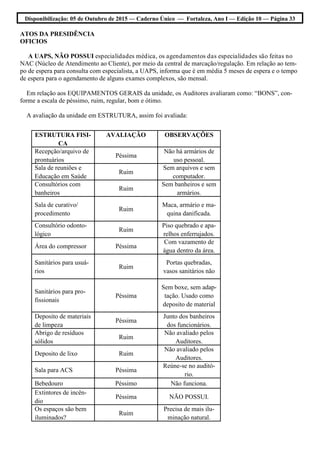 Disponibilização: 05 de Outubro de 2015 — Caderno Único — Fortaleza, Ano I — Edição 10 — Página 33
ATOS DA PRESIDÊNCIA
OFICIOS
A UAPS, NÃO POSSUI especialidades médica, os agendamentos das especialidades são feitas no
NAC (Núcleo de Atendimento ao Cliente), por meio da central de marcação/regulação. Em relação ao tem-
po de espera para consulta com especialista, a UAPS, informa que é em média 5 meses de espera e o tempo
de espera para o agendamento de alguns exames complexos, são mensal.
Em relação aos EQUIPAMENTOS GERAIS da unidade, os Auditores avaliaram como: “BONS”, con-
forme a escala de péssimo, ruim, regular, bom e ótimo.
A avaliação da unidade em ESTRUTURA, assim foi avaliada:
ESTRUTURA FISI-
CA
AVALIAÇÃO OBSERVAÇÕES
Recepção/arquivo de
prontuários
Péssima
Não há armários de
uso pessoal.
Sala de reuniões e
Educação em Saúde
Ruim
Sem arquivos e sem
computador.
Consultórios com
banheiros
Ruim
Sem banheiros e sem
armários.
Sala de curativo/
procedimento
Ruim
Maca, armário e ma-
quina danificada.
Consultório odonto-
lógico
Ruim
Piso quebrado e apa-
relhos enferrujados.
Área do compressor Péssima
Com vazamento de
água dentro da área.
Sanitários para usuá-
rios
Ruim
Portas quebradas,
vasos sanitários não
Sanitários para pro-
fissionais
Péssima
Sem boxe, sem adap-
tação. Usado como
deposito de material
Deposito de materiais
de limpeza
Péssima
Junto dos banheiros
dos funcionários.
Abrigo de resíduos
sólidos
Ruim
Não avaliado pelos
Auditores.
Deposito de lixo Ruim
Não avaliado pelos
Auditores.
Sala para ACS Péssima
Reúne-se no auditó-
rio.
Bebedouro Péssimo Não funciona.
Extintores de incên-
dio
Péssima NÃO POSSUI.
Os espaços são bem
iluminados?
Ruim
Precisa de mais ilu-
minação natural.
 