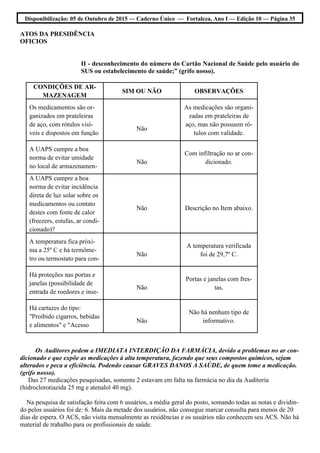 Disponibilização: 05 de Outubro de 2015 — Caderno Único — Fortaleza, Ano I — Edição 10 — Página 35
ATOS DA PRESIDÊNCIA
OFICIOS
II - desconhecimento do número do Cartão Nacional de Saúde pelo usuário do
SUS ou estabelecimento de saúde;” (grifo nosso).
Os Auditores pedem a IMEDIATA INTERDIÇÃO DA FARMÁCIA, devido a problemas no ar con-
dicionado e que expõe as medicações à alta temperatura, fazendo que seus compostos químicos, sejam
alterados e peca a eficiência. Podendo causar GRAVES DANOS A SAÚDE, de quem tome a medicação.
(grifo nosso).
Das 27 medicações pesquisadas, somente 2 estavam em falta na farmácia no dia da Auditoria
(hidroclorotiazida 25 mg e atenalol 40 mg).
Na pesquisa de satisfação feita com 6 usuários, a média geral do posto, somando todas as notas e dividin-
do pelos usuários foi de: 6. Mais da metade dos usuários, não consegue marcar consulta para menos de 20
dias de espera. O ACS, não visita mensalmente as residências e os usuários não conhecem seu ACS. Não há
material de trabalho para os profissionais de saúde.
CONDIÇÕES DE AR-
MAZENAGEM
SIM OU NÃO OBSERVAÇÕES
Os medicamentos são or-
ganizados em prateleiras
de aço, com rótulos visí-
veis e dispostos em função
Não
As medicações são organi-
zadas em prateleiras de
aço, mas não possuem ró-
tulos com validade.
A UAPS cumpre a boa
norma de evitar umidade
no local de armazenamen-
Não
Com infiltração no ar con-
dicionado.
A UAPS cumpre a boa
norma de evitar incidência
direta de luz solar sobre os
medicamentos ou contato
destes com fonte de calor
(freezers, estufas, ar condi-
cionado)?
Não Descrição no Item abaixo.
A temperatura fica próxi-
ma a 25º C e há termôme-
tro ou termostato para con-
Não
A temperatura verificada
foi de 29,7º C.
Há proteções nas portas e
janelas (possibilidade de
entrada de roedores e inse-
Não
Portas e janelas com fres-
tas.
Há cartazes do tipo:
"Proibido cigarros, bebidas
e alimentos" e "Acesso
Não
Não há nenhum tipo de
informativo.
 