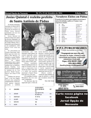 3Edição 210De 15 a 21 de Setembro de 2016Jornal Opção do Noroeste 3
Josias Quintal é reeleito prefeito
de Santo Antônio de Pádua
As eleições municipais
ocorridas no último dia 02
garantiram a vitória na
reeleição do Prefeito de
Pádua Josias Quintal
juntamente com seu vice
Beto da Farmácia.
Josias Quintal de
Oliveira contou como apoio
de diversos Deputados, do
Representante do Governo
do Estado Mansur Neto e
empresários que abraçaram
a sua candidatura, onde
obteve 9.367 votos nas
urnas.
Já o Presidente da
Câmara Municipal Jadir
Júnior que teve como vice
Maria Dib Mansur, ex
oposição ao grupo Padilha
em Pádua, contaram com o
apoio de alguns
empresários, entre os quais
Saulo Padilha, Deputados e
também dos ex prefeitos,
Nando Padilha, José
Renato, Fernando Lavaquial
e também do ex vice
prefeito Ralph Kezen,
obteve nas urnas 8.534
votos.
O Médico Dr. Newton
Nacif e seu vice Ângelo,
fizeram uma campanha
completamente silenciosa,
com apenas algumas
reuniões e também
caminhadas por todo
município tendo apenas um
comício registrado, contou
com o apoio de alguns
empresários e tambémde seu
irmão o ex Deputado João
Nacif e obteve 6.682 votos.
Outros candidatos
fizeram também presentes no
cargo de Prefeito como no
caso o empresário Luiz
Jacinto que obteve 459 votos
e o atual vice prefeito
municipal o Pastor Otony
Faria que teve 120 votos.
Já ocandidato Cristiano
Malaphaia não teve seus
votos computados.
No churrasco que foi
organizado após a vitória de
Josias Quintal, em seus
discurso o mesmo garantiu
continuar governando com o
máximo de transparência
possível, como fizera nos
últimos 4 anos, Josias muito
emocionado agradeceu a
votação expressiva que teve
nas urnas e falou sobre seu
projeto para a área de saúde
e outros segmentos no
município para sua próxima
gestão que inicia em 2017.
Abaixo confira a
votação de cada candidato ao
cargo de prefeito e a tabela
dos vereadores eleitos em
Pádua.
Texto: Alair Arruda
Veradores Eleitos em Pádua
O quadro de Vereadores para legislar nos próximos 4
anos já foi definido, confira os 13 nomes e suas
respectivas votações
 