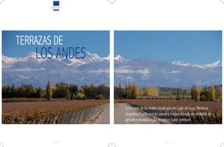 BEBIDAS




TERRAZAS DE
    LOS ANDES


                  A Terrazas de los Andes, localizada em Luján de Cuyo, Mendoza,
                  Argentina, é uma vinícola pioneira e especializada em vinhedos de
                  altitude e na elaboração de vinhos super premium.



          28                                     29
 