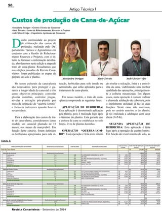 Revista Canavieiros - Setembro de 2014
50
Custos de produção de Cana-de-Açúcar
D
ando continuidade ao projeto
de elaboração dos custos de
produção, realizado pelo De-
partamento Técnico e Agronômico em
conjunto com a Gestão de Relaciona-
mento Recursos e Projetos, com o in-
tuito de fornecer a informação detalha-
da, abordaremos nesta edição a etapa de
trato de cana-planta. Ressaltamos que
nas edições passadas da Revista Cana-
vieiros foram publicadas as etapas de
preparo do solo e plantio.
Os tratos culturais da cana-planta
são necessários para proteger e ga-
rantir a longevidade do canavial e têm
como objetivos principais: controlar
plantas daninhas, controlar pragas,
nivelar a sulcação pós-plantio por
meio da operação de “quebra-lombo”
e fornecer nutrientes quando houver
necessidade.
Para a elaboração dos custos de tra-
to de cana-planta, consideramos como
modelo um canavial plantado de 18
meses, nos meses de março/abril. Em
função deste cenário, foram definidos
os herbicidas apropriados para esta si-
Alessandra Durigan - Gestora Técnica da Canaoeste
Almir Torcato - Gestor de Relacionamento, Recursos e Projetos
André Bosch Volpe - Engenheiro Agrônomo da Canaoeste
tuação, herbicidas para solo úmido ou
semiúmido, que serão aplicados para o
tratamento da cana-planta.
Em nosso modelo, o trato de cana-
-planta compreende as seguintes fases:
APLICAÇÃO DE HERBICIDA:
Esta aplicação é denominada aplicação
pós-plantio, pois é realizada logo após
o término do plantio. Esta garante que
a cultura da cana se estabeleça no solo
limpo, livre de plantas daninhas.
OPERAÇÃO “QUEBRA-LOM-
BO”: Esta operação é feita com intuito
de nivelar a sulcação, linha e a entreli-
nha da cana, viabilizando uma melhor
qualidade das operações, principalmen-
te a colheita mecanizada. Em alguns
casos, nesta operação é comum realizar
a chamada adubação de cobertura, pois
o implemento utilizado já faz as duas
funções. Neste caso, não usaremos,
pois no cenário anterior, o do plantio,
já foi realizada a adubação com dose
cheia (N-P-K).
SEGUNDA APLICAÇÃO DE
HERBICIDA: Esta aplicação é feita
logo após a operação de quebra-lombo.
Em função do revolvimento do solo, as
Artigo Técnico I
Tabela 1:
Alessandra Durigan Almir Torcato André Bosch Volpe
 