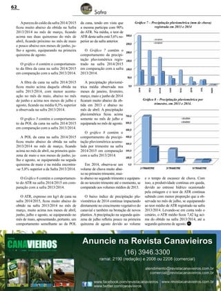 Revista Canavieiros - Setembro de 2014
62
Safra
Gráfico 8 – Precipitação pluviométrica por
trimestre, em 2013 e 2014.
Gráfico 7 – Precipitação pluviométrica (mm de chuva)
registrada em 2013 e 2014
Apureza do caldo da safra 2014/2015
ficou muito abaixo da obtida na Safra
2013/2014 no mês de março, ficando
acima nas duas quinzenas do mês de
abril, ficando próximo no mês de maio
e pouco abaixo nos meses de junho, ju-
lho e agosto, equiparando na primeira
quinzena de agosto.
O gráfico 4 contém o comportamen-
to da fibra da cana na safra 2014/2015
em comparação com a safra 2013/2014.
A fibra da cana na safra 2014/2015
ficou muito acima daquela obtida na
safra 2013/2014, com menor acentu-
ação no mês de maio, abaixo no mês
de junho e acima nos meses de julho e
agosto, ficando na média 0,3% superior
a observada na safra 2013/2014.
O gráfico 5 contém o comportamen-
to da POL da cana na safra 2014/2015
em comparação com a safra 2013/2014.
A POL da cana na safra 2014/2015
ficou muito abaixo da obtida na safra
2013/2014 no mês de março, ficando
acima no mês de abril, na primeira quin-
zena de maio e nos meses de junho, ju-
lho e agosto, se equiparando na seguda
quinzena de maio e na média encontra-
-se 5,8% superior a da Safra 2013/2014.
O Gráfico 6 contém o comportamen-
to do ATR na safra 2014/2015 em com-
paração com a safra 2013/2014.
O ATR, expresso em kg/t de cana na
safra 2014/2015, ficou muito abaixo do
obtido na safra 2013/2014 no mês de
março, muito acima nos meses de abril,
junho, julho e agosto, se equiparando no
mês de maio, apresentando, portanto, um
comportamento semelhante ao da POL
da cana, tendo em vista que
a mesma participa com 90%
do ATR. Na média, o teor de
ATR desta safra está 5,6% su-
perior ao da safra anterior.
O Gráfico 7 contém o
comportamento da precipi-
tação pluviométrica regis-
trado na safra 2014/2015
em comparação com a safra
2013/2014.
A precipitação pluviomé-
trica média observada nos
meses de janeiro, fevereiro,
março, maio e junho de 2014
ficaram muito abaixo da ob-
tida em 2013 e abaixo no
mês de abril. A precipitação
pluviométrica ficou acima
somente no mês de julho e
equiparada no mês de agosto.
O gráfico 8 contém o
comportamento da precipi-
tação pluviométrica acumu-
lada por trimestre na safra
2014/2015 em comparação
com a safra 2013/2014.
Em 2014, observa-se um
volume de chuva muito abai-
xo no primeiro trimestre, mui-
to abaixo no segundo trimestre e equipara-
do no terceiro trimestre até o momento, se
comparado aos volumes médios de 2013.
O baixo índice de precipitação plu-
viométrica de 2014 continua impactando
diretamente no crescimento vegetativo do
canavial e também na brotação de novos
plantios. A precipitação na segunda quin-
zena de julho refletiu pouco na primeira
quinzena de agosto devido ao volume RC
e o tempo de escassez de chuva. Com
isso, a produtividade continua em queda,
devido ao estresse hídrico ocasionado
pela estiagem e o teor de ATR continua
subindo com menor proporção que a ob-
servada no mês de julho, se equiparando
ao teor médio de ATR registrado na safra
2013/2014. Levando-se em conta todo o
cenário, o ATR médio ficou 7,42 kg aci-
ma do obtido na safra 2013/2014, até a
segunda quinzena de agosto.
 