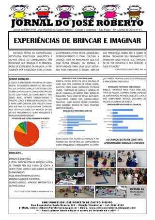 JORNAL DO JOSÉ ROBERTO
Jornal da EMEI Prof. José Roberto de Castro Ribeiro – Cidade Tiradentes – São Paulo - SP | Junho de 2016 Nº 41
EMEI PROFESSOR JOSÉ ROBERTO DE CASTRO RIBEIRO
Rua Engenheiro Carlo Grazia, 120 - Cidade Tiradentes - tel: 2282-0199
E-MAIL: emeijrcribeiro@prefeitura.sp.gov.br | BLOG: www.emeijoseroberto.blogspot.com
**** Participaram desta edição a turma do Infantil 6A e 6B****
EXPERIÊNCIAS DE BRINCAR E IMAGINAR
“ESTUDOS FEITOS NA ANTROPOLOGIA,
SOCIOLOGIA, PSICOLOGIA, LINGUÍSTICA E
OUTRAS ÁREAS DO CONHECIMENTO TÊM
APONTADO QUE BRINCAR É O PRINCIPAL
MODO DE EXPRESSÃO DA INFÂNCIA, A FER-
RAMENTA POR EXCELÊNCIA PARA A CRIAN-
ÇA APRENDER A VIVER, REVOLUCIONAR SEU
DESENVOLVIMENTO E CRIAR CULTURA. A
CRIANÇA TERIA NA BRINCADEIRA QUE FAZ
COM OUTRA CRIANÇA, OU SOZINHA, A
OPORTUNIDADE PARA USAR SEUS RECUR-
SOS PARA EXPLORAR O MUNDO, AMPLIAR
SUA PERCEPÇÃO SOBRE ELE E SOBRE SI
MESMA, ORGANIZAR SEU PENSAMENTO E
TRABALHAR SEUS AFETOS, SUA CAPACIDA-
DE DE TER INICIATIVA E SER SENSÍVEL A
CADA SITUAÇÃO.”
(ORIENTAÇÕES CURRICULARES, PÁG. 54)
SOBRE BRINCAR...
O JOGO E A BRINCADEIRA TEM UM VALOR FUNDA-
MENTAL NO DESENVOLVIMENTO DO SER HUMA-
NO, SUA VIVÊNCIA ESTIMULA O RACIOCÍNIO LÓGI-
CO BEM COMO AUXILIA AS CRIANÇAS NO PROCES-
SO DE CONSTRUÇÃO DO CONHECIMENTO. PEN-
SANDO NISSO ESTAMOS DESENVOLVENDO O
PROJETO: JOGOS E BRINCADEIRAS DAQUI E DALI
E PARA COMPLEMENTAR ESSE PROJETO ENVIA-
MOS AOS PAIS UMA PESQUISA PARA CONHECER-
MOS UM POUCO SOBRE SUA INFÂNCIA. EM QUE
ESTADO PASSARAM ELA? QUAIS BRINQUEDOS E
BRINCADEIRAS PREFERIDAS?
ESTADOS EM QUE OS PAIS PASSARAM A INFÂNCIA
BRINQUEDOS QUE OS PAIS BRINCAVAM:
BONECA, PATINS, BICICLETA, BOLA, BOLINHA DE
GUDE, PIÃO, PIPA, CARRINHO DE ROLIMÃ, CORDA,
ELÁSTICO, VÍDEO GAME, CARRINHOS, POTINHOS
VAZIOS, TAMPINHAS DE GARRAFA, BONECA DE
MILHO, PANELINHA DE BARRO, TAZO, JOGOS DE
TABULEIRO, TACO, JOGO DE BOTÃO, BATE-BATE,
PEGA-VARETA, DOMINÓ, IOIÔ, QUEBRA-CABEÇA,
AQUAPLAY, CUBO MÁGICO, MOLAS COLORIDAS,
LEGO, BAMBOLÊ, BONECA DE PANO, TELEFONE
SEM FIO DE SUCATA.
BRINCADEIRAS PREFERIDAS DOS PAIS
ESSES DADOS VÊM AJUDAR AS CRIANÇAS A AM-
PLIAREM SEU REPERTÓRIO DE CONHECIMENTO
SOBRE BRINQUEDOS E BRINCADEIRAS. AS CRIAN-
ÇAS TAMBÉM FALARAM QUAIS SEUS BRINQUEDOS
E BRINCADEIRAS PREFERIDAS.
BRINQUEDOS PREFERIDOS DAS CRIANÇAS:
BONECA, TARTARUGA NINJA, VÍDEO GAME, ELE-
FANTE DE PELÚCIA, CARRINHO, BARBIE, BONECOS
DE SUPER-HERÓIS, PATINETE, BICICLETA, CAVALI-
NHO, COMPUTADOR, MOTOCA, COELHINHO DE
PELÚCIA E CARRINHO DE BONECA.
BRINCADEIRAS PREFERIDAS DAS CRIANÇAS:
AS CRIANÇAS ESTÃO EM CONSTANTE
APRENDIZAGEM E BRINCAR É APRENDER.
BRINCAR É...
BRINCAR É DIVERTIDO.
É LEGAL BRINCAR COM OS AMIGOS E A GEN-
TE TAMBÉM TEM QUE FAZER DE CONTA. A
GENTE PODE VIRAR O QUE QUISER NA NOS-
SA IMAGINAÇÃO.
PODE INVENTAR BRINCADEIRAS.
BRINCAR TAMBÉM É EXERCÍCIO.
QUANDO BRINCO, APRENDO MATEMÁTICA E
OUTRAS COISAS.
(TEXTO COLETIVO DA TURMA DA MASSINHA INF. 6 A)
INFANTIL 6A
PROFESSORA:
HILDA
 