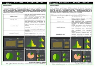 Nº 56 – ANO II               –      PAGINA                E X T R A II                                         Nº 56 – ANO II                –      PAGINA                 E X T R A II

Desenvolvimento                                                                                                    Desenvolvimento

A Frota de Alcântaras segundo dados de 2009 é composto por: 180 automóveis; 40 caminhões; 87 caminhonetes;         A Frota de Alcântaras segundo dados de 2009 é composto por: 180 automóveis; 40 caminhões; 87
1 micro-ônibus; 1.125 motocicletas; 96 motonetas; 6 ônibus. Segundo o IBGE esses dados foram colhidos pelo         caminhonetes; 1 micro-ônibus; 1.125 motocicletas; 96 motonetas; 6 ônibus. Segundo o IBGE esses dados foram
DENATRAN. Se formos avaliar, vamos chegar à conclusão que esses dados ou são desatualizados ou são apenas          colhidos pelo DENATRAN. Se formos avaliar, vamos chegar à conclusão que esses dados ou são
a frota legalmente registrada no sistema nacional de trânsito, mas vale alertar que esses dados não são do censo   desatualizados ou são apenas a frota legalmente registrada no sistema nacional de trânsito, mas vale alertar que
de 2010, só estamos mostrando a título de curiosidade.                                                             esses dados não são do censo de 2010, só estamos mostrando a título de curiosidade.

O IBGE divulgou um calendário para a divulgação dos resultados diversos do CENSO, confiram:                        O IBGE divulgou um calendário para a divulgação dos resultados diversos do CENSO, confiram:




                                                                Reportagem: Equipe Editora do SERRANO                                                                            Reportagem: Equipe Editora do SERRANO
       Dados e gráficos disponíveis em: www.ibge.gov.br/cidadesat/painel/painel.php?codmun=230050#topottp.              Dados e gráficos disponíveis em: www.ibge.gov.br/cidadesat/painel/painel.php?codmun=230050#topottp.
 gov.br/cidadesat/painel/painel.php?codmun=230050#topottp://www.ibge.gov.                                                       gov.br/cidadesat/painel/painel.php?codmun=230050#topottp://www
 