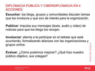 DIPLOMACIA PUBLICA Y CIBERDIPLOMACIA EN 4
ACCIONES:
Escuchar: los blogs, grupos y comunidades discuten temas
que los involucra y que son de interés para la organización.

Publicar: impulsa sus mensajes (texto, audio y video) de
noticias para que los blogs los recojan.

Involucrar: alienta a la participar en el debate que está
ocurriendo, formalizando alianzas con las organizaciones y
grupos online.

Evaluar: ¿Cómo podemos mejorar? ¿Qué hizo nuestro
público objetivo, sus colegas?
 