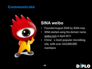 Communicate
15
SINA weibo
• Founded August 2009 by SINA corp
• SINA started using the domain name
weibo.com in April 2011
• China’s most popular microblog
site, with over 424,000,000
members
 