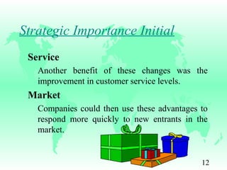 12
Strategic Importance Initial
Service
Another benefit of these changes was the
improvement in customer service levels.
Market
Companies could then use these advantages to
respond more quickly to new entrants in the
market.
 