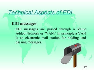 19
Technical Aspects of EDI
EDI messages
EDI messages are passed through a Value
Added Network or "VAN." In principle a VAN
is an electronic mail station for holding and
passing messages.
 