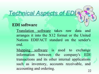 22
Technical Aspects of EDI
EDI software
Translation software takes raw data and
arranges it into the X12 format or the United
Nations EDIFACT standard on the sender's
end.
Mapping software is used to exchange
information between the company's EDI
transactions and its other internal applications
such as inventory, accounts receivable, and
accounting and ordering.
 