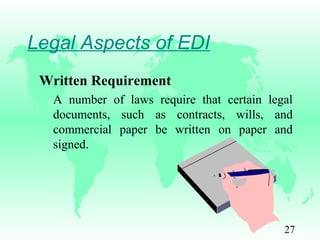 27
Legal Aspects of EDI
Written Requirement
A number of laws require that certain legal
documents, such as contracts, wills, and
commercial paper be written on paper and
signed.
 