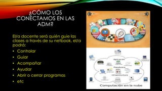 ¿CÓMO LOS
CONECTAMOS EN LAS
ADM?
El/a docente será quién guie las
clases a través de su netbook, el/a
podrá:
• Controlar
• Guiar
• Acompañar
• Ayudar
• Abrir o cerrar programas
• etc
 