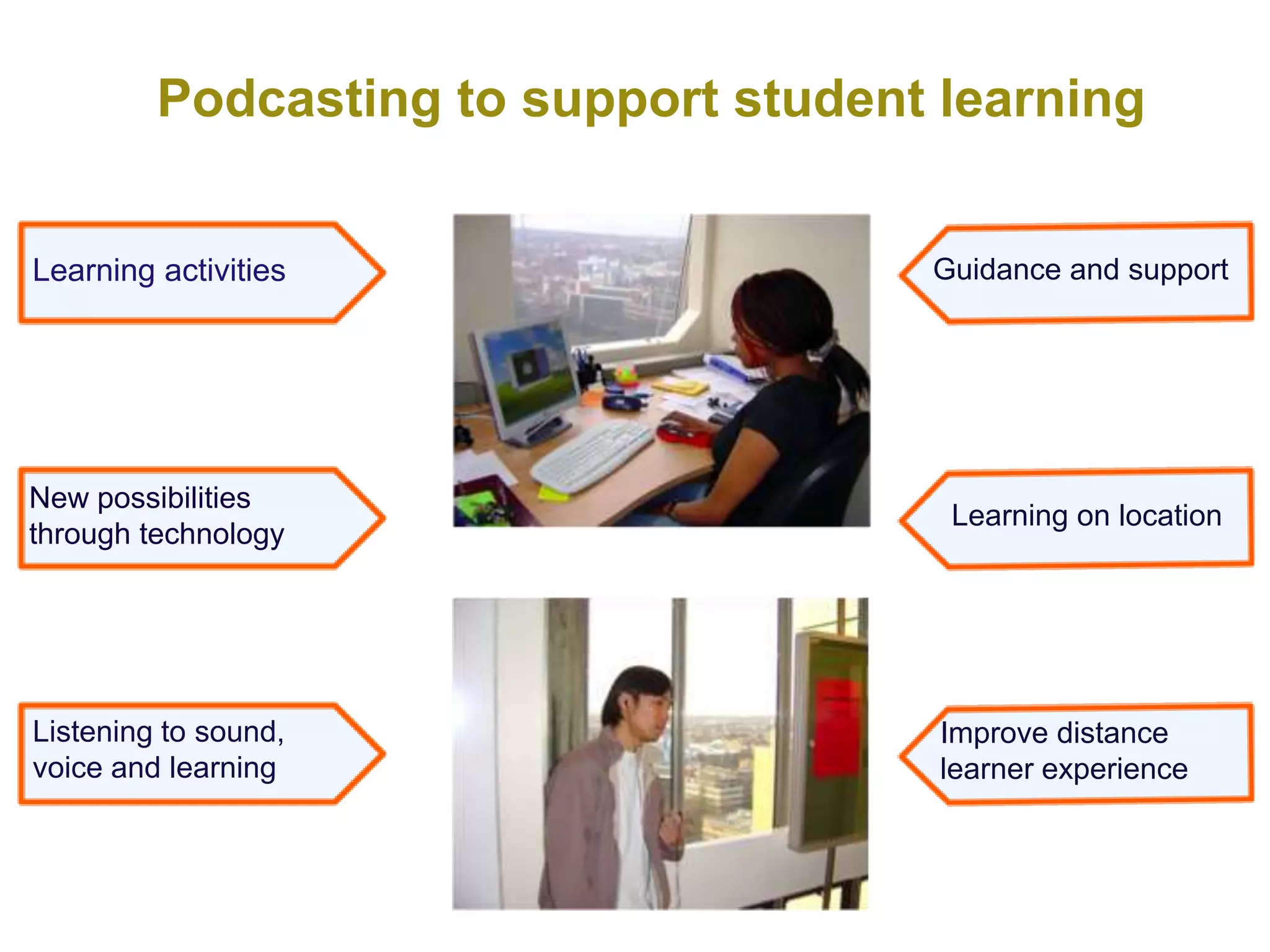 Podcasting to support student learning


Learning activities                   Guidance and support




New possibilities
                                       Learning on location
through technology




Listening to sound,                    Improve distance
voice and learning                     learner experience
 