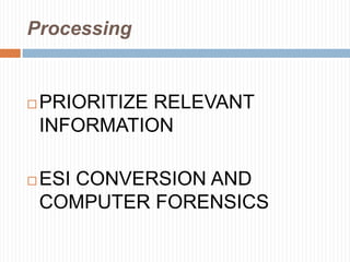 IdentificationUnderstand the “inventory” of ESI. Determine the subset of information that will be relevant for further processing.IDENTIFYRELEVANCY