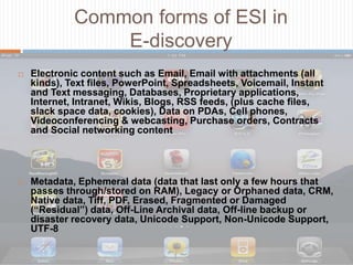 What is E-Discovery?DISCOVERY OF ELECTRONIC DATAElectronic discovery is the process of collecting (also called “harvesting”) preparing, reviewing, and producing electronic documents (also known as ESI) in the context of the legal process.
