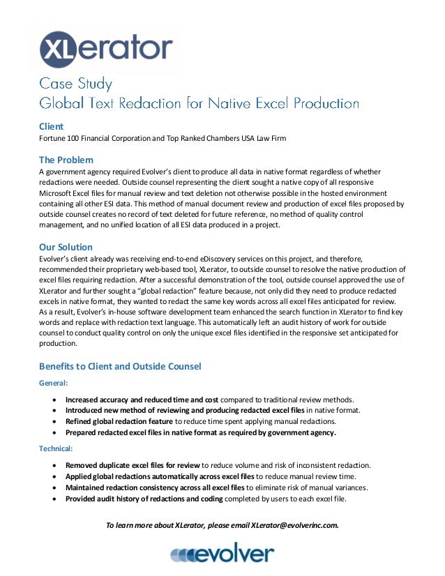 case study global text redaction for native excel production