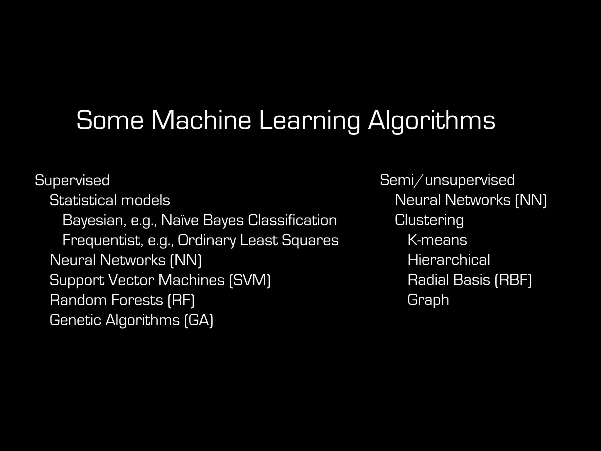 Supervised
Statistical models
Bayesian, e.g., Naïve Bayes Classification
Frequentist, e.g., Ordinary Least Squares
Neural Networks (NN)
Support Vector Machines (SVM)
Random Forests (RF)
Genetic Algorithms (GA)
Semi/unsupervised
Neural Networks (NN)
Clustering
K-means
Hierarchical
Radial Basis (RBF)
Graph
Some Machine Learning Algorithms
 