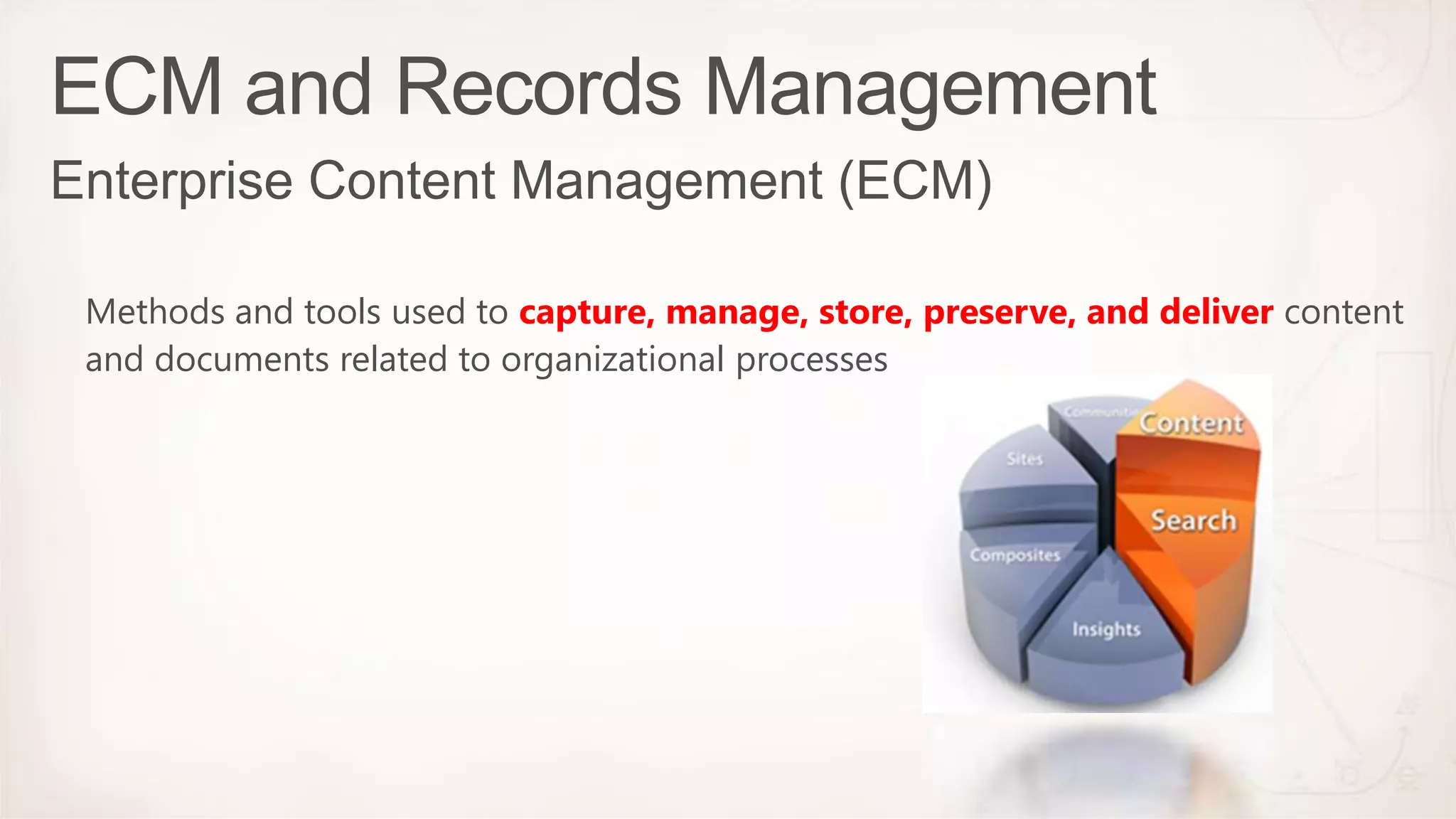 Methods and tools used to capture, manage, store, preserve, and deliver content
and documents related to organizational processes

 