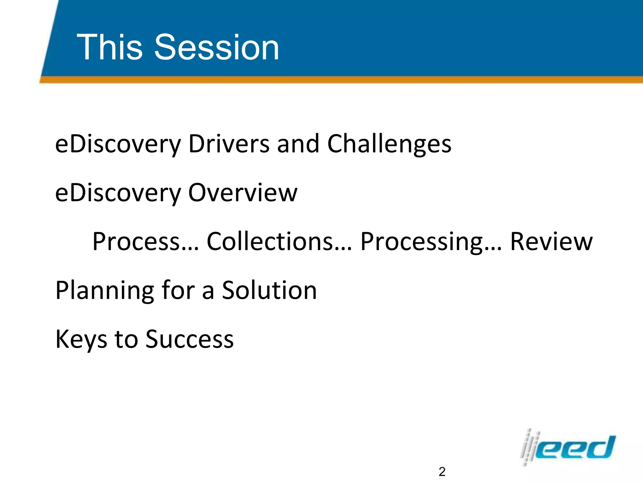 2This SessioneDiscovery Drivers and ChallengeseDiscovery Overview	  Process… Collections… Processing… ReviewPlanning for a SolutionKeys to Success