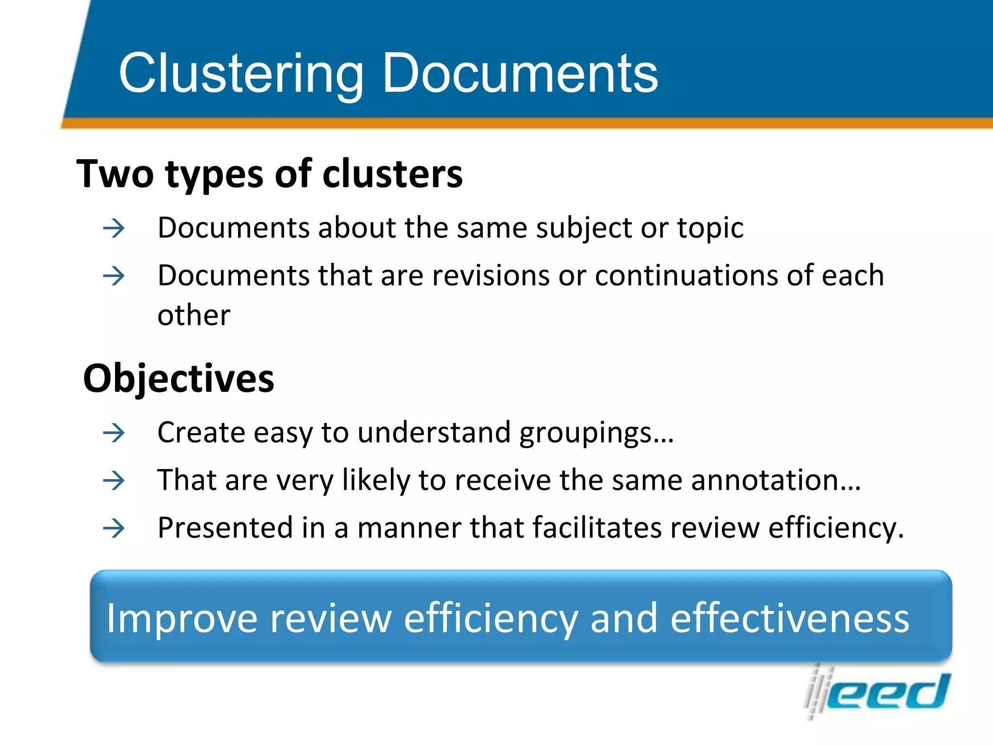 Why Optimize the ReviewLegal Document Review is 70% of the cost of eDiscovery & Review Legal Document Review $1.5m (without optimization) eDiscovery Strategy Planning$25KExpert Witness $100K Data Processing $300K Collection$75KProduction $100K Project Management  $50K Time – on average – 7 months to 2 years 