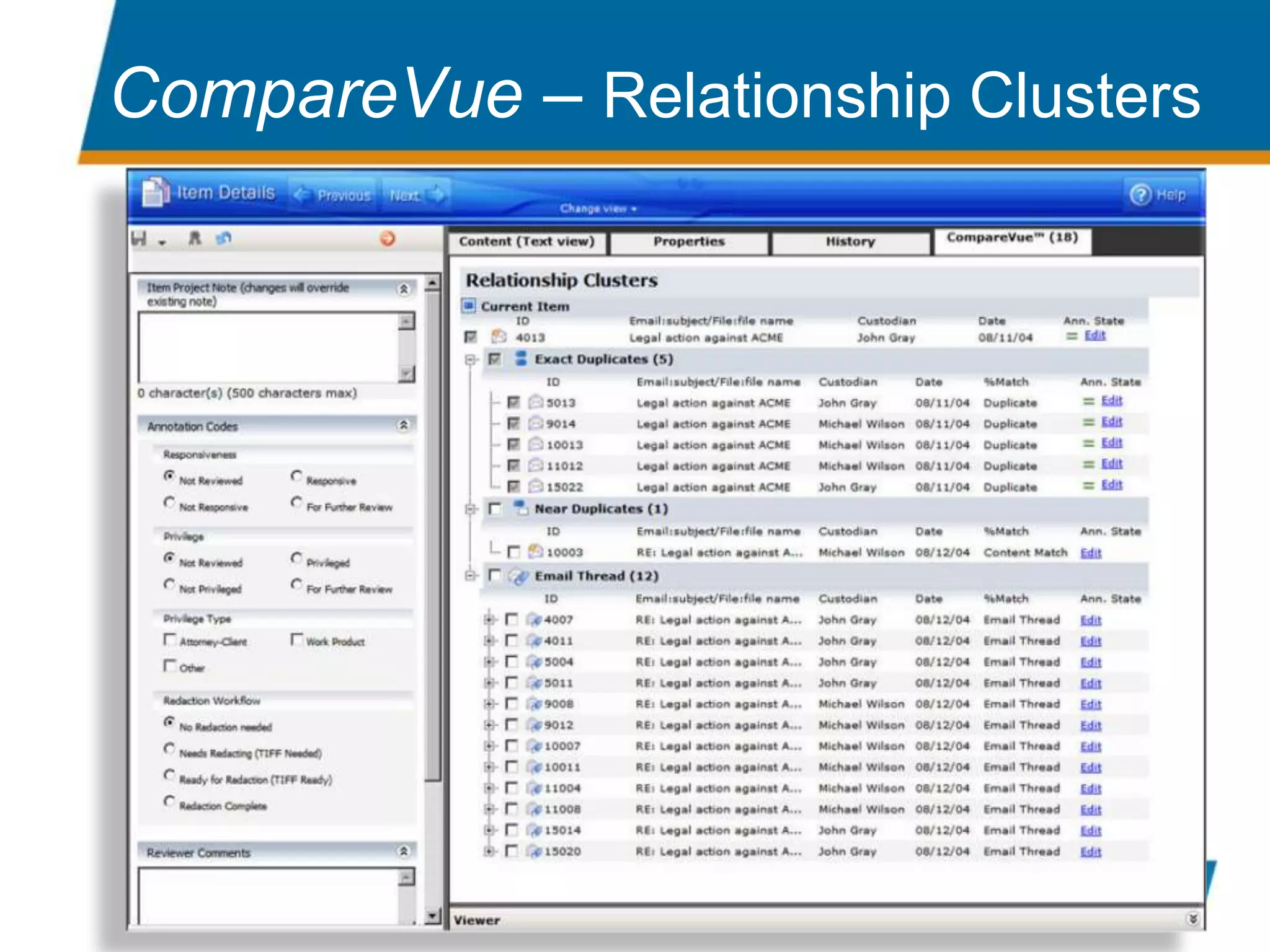 Reviewing Relationship ClustersRelated document workflowExact DupesExact DupesExact DupesExact DupesNear DupesNear DupesNear DupesNear DupesThreadsThreadsThreadsThreads