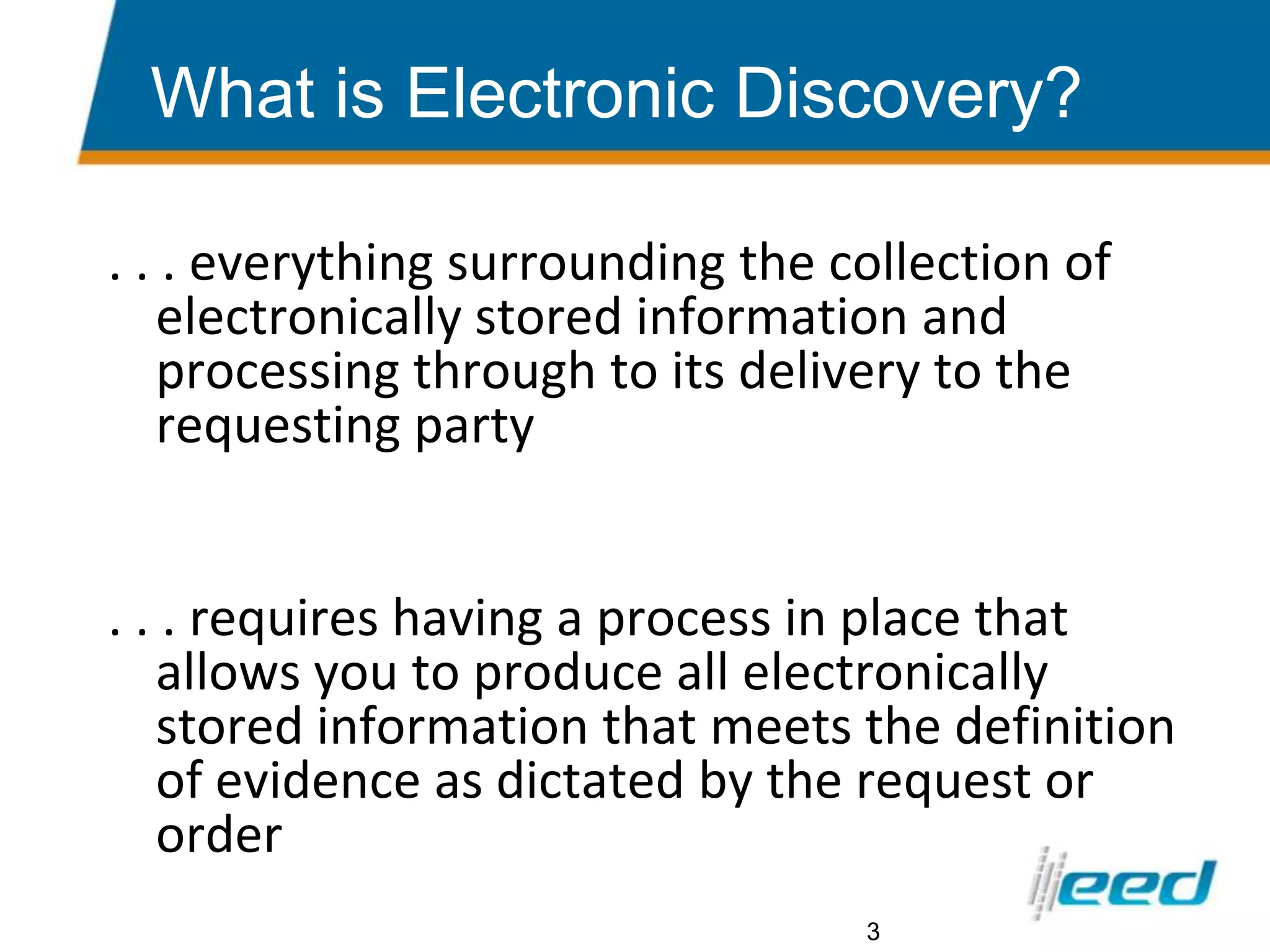 3What is Electronic Discovery?. . . everything surrounding the collection of electronically stored information and processing through to its delivery to the requesting party. . . requires having a process in place that allows you to produce all electronically stored information that meets the definition of evidence as dictated by the request or order