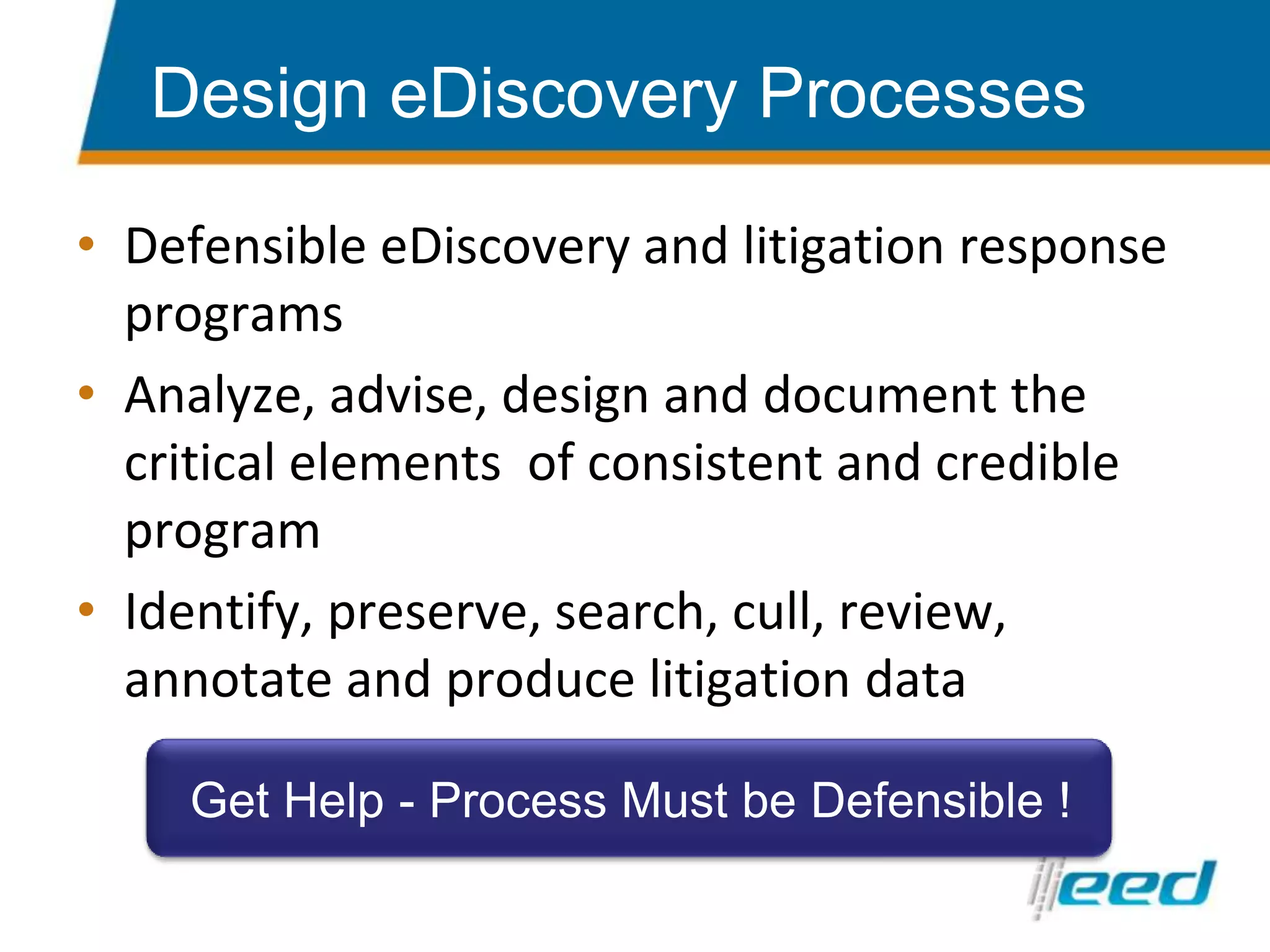 ClientOne of the world’s largest food producers.ProblemAggressive deadline of 45 days to find and produce all responsive documents in a 3.7M item data setData located in seven different countriesSolutionApply advanced culling and de-duplication procedures resulting in a greatly reduced data setExcellent pre-collection and pre-processing planning proved invaluable in this effortProject Management