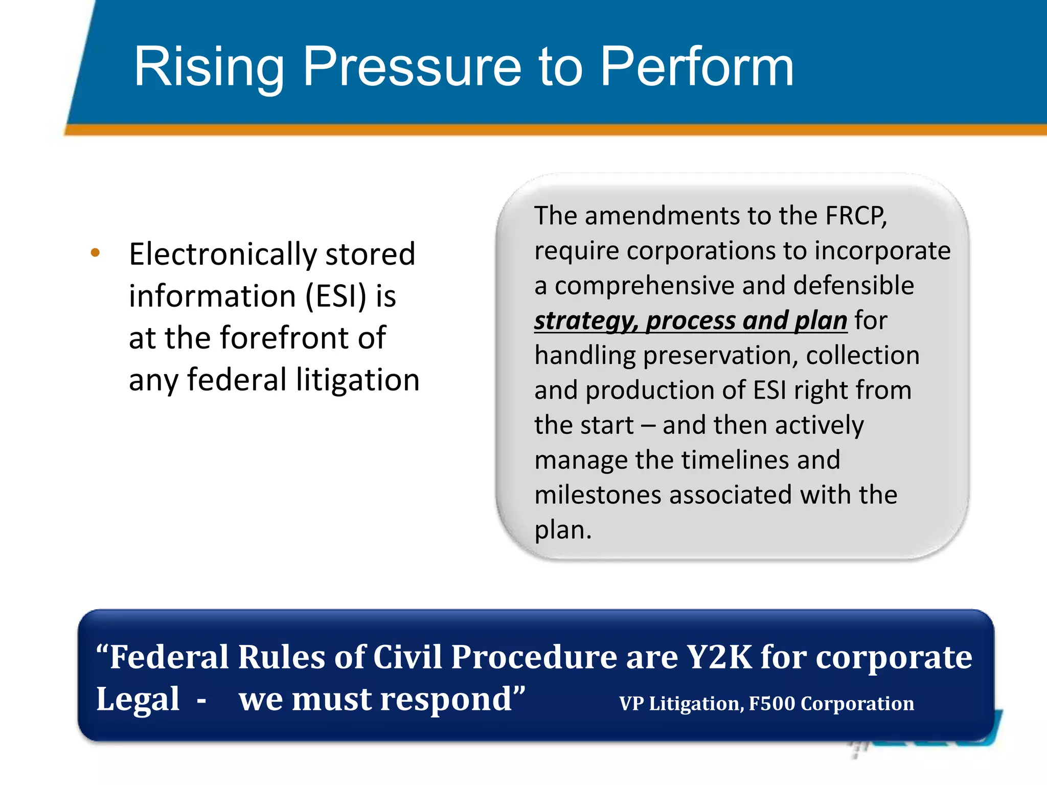 Rising Pressure to PerformThe amendments to the FRCP, require corporations to incorporate a comprehensive and defensible strategy, process and plan for handling preservation, collection and production of ESI right from the start – and then actively manage the timelines and milestones associated with the plan.Electronically stored information (ESI) is at the forefront of any federal litigation“Federal Rules of Civil Procedure are Y2K for corporate Legal  -    we must respond” VP Litigation, F500 Corporation