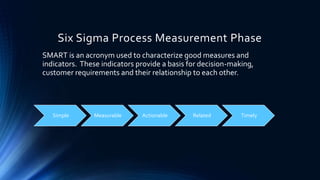 Six Sigma Process Measurement Phase
SMART is an acronym used to characterize good measures and
indicators. These indicators provide a basis for decision-making,
customer requirements and their relationship to each other.
Simple Measurable Actionable Related Timely
 