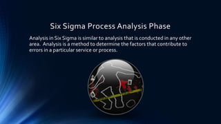Six Sigma Process Analysis Phase
Analysis in Six Sigma is similar to analysis that is conducted in any other
area. Analysis is a method to determine the factors that contribute to
errors in a particular service or process.
 