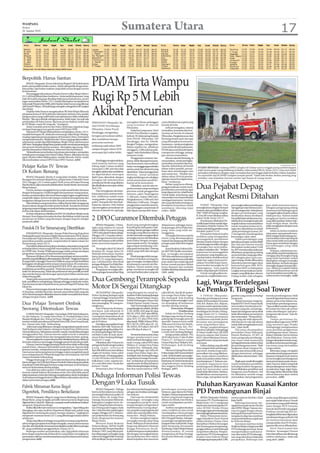 WASPADA
Selasa
26 Januari 2010
                                                                                                           Sumatera Utara                                                                                                                                                               17
 Kota        Zhuhur   ‘Ashar    Magrib     ‘Isya    Imsak   Shubuh Syuruq   Kota         Zhuhur ‘Ashar    Magrib    ‘Isya    Imsak   Shubuh Syuruq      Kota         Zhuhur ‘Ashar   Magrib    ‘Isya   Imsak   Shubuh Syuruq       Kota        Zhuhur ‘Ashar   Magrib   ‘Isya   Imsak    Shubuh Syuruq

 Medan        12:36    16:00     18:35     19:48    05:06   05:16   06:36   Langsa     12:39    16:02     18:36     19:49    05:10   05:20   06:40      Sabang       12:49   16:12   18:45     19:58   04:23   05:33   06:53       Tarutung    12:35   15:59   18:36    19:49   05:03    05:13    06:32
 B. Aceh      12:50    16:12     18:45     19:58    05:23   05:33   06:52   L.Seumawe 12:42     16:05     18:38     19:51    05:15   05:25   06:44      Pandan       12:36   16:00   18:37     19:50   05:03   04:13   06:33       T.Tinggi    12:34   15:58   18:33    19:46   05:04    05:14    06:34
 Binjai       12:37    16:00     18:36     19:49    05:07   05:17   06:37   L. Pakam 12:35      15:59     18:34     19:47    05:06   05:16   06:35      Sibolga      12:36   16:00   18:37     19:50   05:03   05:13   06:33       Panyabungan 12:33   15:57   18:36    19:49   04:58    05:08    06:28
 Bireuen      12:44    16:07     18:40     19:53    05:17   05:27   06:46   Sei Rampah12:35     15:58     18:33     19:46    05:05   05:15   06:34      Sidikalang   12:37   16:01   18:37     19:50   05:06   05:16   06:36       Teluk Dalam12:40    16:04   18:43    19:56   05:03    05:15    06:35
 B. Pidie     12:44    16:07     18:41     19:54    05:15   05:25   06:45   Meulaboh 12:46      16:10     18:44     19:57    05:17   05:27   06:47      Sigli        12:47   16:10   18:43     19:56   05:20   05:30   06:49       Salak       12:38   16:01   18:38    19:51   05:06    05:16    06:36
 G. Sitoli    12:40    16:05     18:43     19:56    05:07   05:17   06:36   P.Sidimpuan12:34    15:58     18:36      19:49   05:01   05:11   06:30      Singkil      12:40   16:41   18:41     19:53   05:08   05:18   06:37       Limapuluh 12:33     15:57   18:32    19:45   05:03    05:13    06:32
 K. Jahe      12:37    16:01     18:36     19:49    05:06   05:16   06:36   P. Siantar 12:35    15:58     18:34     19:47    05:04   05:14   06:33      Stabat       12:37   16:00   18:35     19:48   05:07   05:17   06:37       Parapat     12:35   15:59   18:35    19:48   05:01    05:14    06:23
 Kisaran      12:33    15:56     18:32     19:45    05:02   05:12   06:31   Balige     12:35    15:59     18:35     19:48    05:03   05:13   06:32      Takengon     12:43   16:06   18:41     19:54   05:15   05:25   06:45       GunungTua   12:32   15:57   18:34    19:47   04:59    05:09    06:29
 Kutacane     12:39    16:03     18:38     19:51    05:09   05:19   06:39   R. Prapat  12:31    15:56     18:32     19:45    04:59   05:09   06:29      T.Balai      12:32   15:56   18:32     19:45   05:01   04:11   06:30       Sibuhuan 12:32      15:56   18:35    19:48   04:58    05:08    06:28
Dihisab oleh: Tim Ahli Badan Hisab dan Rukyat (BHR) Sumut
                                                                                                                                                        Tapaktuan    12:42   16:06   18:41     19:54   05:12   05:22   06:41       Lhoksukon 12:42     16:04   18:38    19:51   05:14    05:24    06:44



Berpolitik Harus Santun
    BINJAI (Waspada): Ketua Soksi Kota Binjai H Ali Syafril minta
kader partai politik berlaku santun.. Boleh saling kritik dengan kata-
kata pedas, tapi bukan makian yang tidak sesuai dengan norma
kemanusiaan.
                                                                            PDAM Tirta Wampu
    Menanggapi ditundanya Musda Partai Golkar Binjai Sabtu (
23/1) di Hotel Binjai Jalan Soerkarno- Hatta sudah keputusan yang
baik Ali Syafril yang juga dituding tidak punya hak peserta, secara
tegas menyatakan Senin ( 25/1) sudah ditetapkan menjadi ketua
Soksi sejak 9 September 2008, oleh Depidar Soksi Sumut yang diketuai
                                                                            Rugi Rp 5 M Lebih
                                                                            Akibat Pencurian
olehYusuf P Sitepu. Ali Syafril juga mengaku sebagai korwil Langkat
dan Binjai.
    Depidar Soksi Sumut mengeluarkan SK Soksi Binjai dibawah
pimpinan ketua H Ali Syafril dan Sekretaris Satimin Aziz,setelah
pengurus lama yang sudah habis masa jabatannya tidak melakukan
Musda.” Jika saya ditolak sebagai peserta, tidak wajar, kecuali ada
pembatalan SK Soksi Sumut. Jika mau proses hukum, boleh saja                P.BRANDAN (Waspada): Ka.               merugikan ribuan pelanggan           caran distribusi air seperti yang
ke PN Binjai, mana SK yang sah,’’ terangnya.                                                                       yang tersebar di daerah              berada di hulu.
    Selain masalah peserta dari Soksi, beberapa organisasi juga             Unit PDAM Tirta Wampu
                                                                                                                   P.Brandan.                                Jufrizal mengakui, selama
terdapat kepengurusan ganda sepeti MDI dan HWK.                             P.Brandan, Dame Pusuh                      Pada hari yang sama, Dirut       ini kualitas, kuantitas dan kon-
    Sekretaris PG Binjai Mishardinata menjelaskan, Senin ( 25/1),           Sinulingga mengatakan,
masalah ketetapan SK , tidak ada wewenang Golkar Binjai. Masing-                                                   PDAM Tirta Wampu Langkat,            tinuitas air bersih di wilayah
masing organisasi punya pengurus di Sumatera Utara. Sementara               kerugian perusahaan akibat             Jufrizal, SE didampingi Kepala       P.Brandan, Pangkalansusu dan
mengenai peserta Kec. Binjai barat dan Timur yang juga dipersoalkan,        aksi vandalisme berupa                 Unit PDAM P.Brandan, DP.             Besitang masih jauh dari apa
sebenarnya sudah diambil kebijakan, Binjai Timur ada ketuanya               pencurian meteran                      Sinulingga, dan Ka. Teknik,          yang diharapkan konsumen.
EdiHarto.SedangkanBinjaiBarat,panitiasudahmembuatpersetujuan                                                       Bengkel Tarigan, mengatakan,         Karenanya, untuk peningkatan
                                                                            terhitung sejak tahun 2005             dalam sepekan ini, pihaknya          mutu air bersih plus pelayanan,
dan peserta Musda dari kecamatan ditetapkan tiga orang. Oleh
panitia disarankan Wakil ketua, Sekertaris dan bendahara.                   sampai dengan tahun 2010               mengganti 3.500 meteran pela-        PDAM akan membenahi sistem
    Mishardinata menyebutkan, keputusan penundaan, merupakan                mencapai Rp5 miliar lebih.             nggan, baik disebabkan hilang        manajemen sehingga pelang-
terbaik guna menjaga citra Partai Golkar. Belum diketahui secara                                                   maupun rusak.                        gan merasa terpuaskan.
pasti, Musda Golkar dilaksanakan, setelah ditunda. Hal itu masih                                                       Penggantian meteran, lan-             Khusus daerah Besitang, ia
dikonsultasikan antara DPD II dan DPD I Sumut. (a03)                             Sinulingga mengemukakan,          jutnya, tidak dipungut bayaran.      menyatakan, untuk peningka-
                                                                            total material meteran yang            Para konsumen, kata Jurfrizal,       tan kualitas, kuantitas dan kon-
Pelajar Kelas IV Tewas                                                      hilang sejak 5 tahun terakhir
                                                                            mencapai 3.500 unit dan nilai
                                                                                                                   hanya menangggung pembelian
                                                                                                                   semen, pasir dan aksesoris yang
                                                                                                                                                        tinuitas kebutuhan air bersih
                                                                                                                                                        dalam waktu pendek, perusa-            NYARIS MUSNAH: Gedung DPRD Langkat di Stabat nyaris tinggal puing setelah bagian
                                                                                                                                                                                                                                                                                        Waspada/Abdul Hakim


                                                                                                                                                                                               trafo mesin pada ruang belakang terbakar, sekira pukul 08:45, Senin (25/1). Dua unit mobil
Di Kolam Renang                                                             kerugikan akibat aksi vandalisme       diperlukan. Tujuan penggantian       haan akan membangun satu
                                                                                                                                                        unit sumur bor. “Mudah-mu-             pemadam kebakaran dengan cepat memadamkan api hingga tidak berkobar. Dalam kejadian
                                                                            itu diperkirakan mencapai              meteran, untuk menekan                                                      itu sejumlah staf di DPRD Langkat sempat panik. Tidak ada berkas-berkas penting yang
    BINJAI (Waspada) :Rendy, 9, warga Jalan Andalan, Perumnas               Rp612 juta, ditambah dengan            tingkat kehilangan air sekaligus     dahan tahun 2010 ini pemba-
                                                                                                                                                        ngunan sumur bor dapat terea-          terbakar saat kejadian karena sumber api hanya di ruang mesin.
Berngam Kecamatan Binjai Kota, pelajar kelas 4 Sekolah Dasar                kerugian tak terkontrolnya             untuk pemerataan pendistri-
(SD), Minggu ( 24/1) sekira pukul 16:00, tewas di Kolam Renang              pemakai air bersih yang nilainya       busian air ke konsumen.              lisasi,” tandasnya.
Bambu Resto, Jalan Samanhudi KelurahanTanah Merah. Kecamatan
Binjai Selatan.
    Hari itu, korban mengajak ibunya untuk mandi kolam bersama
                                                                            jika dikalkulasi mencapai sekitar
                                                                            Rp4,5 M.
                                                                                 Dari serangkaian aksi keja-
                                                                                                                       Dikatakan, saat ini ada em-
                                                                                                                   pat kecamatan yang mendapat
                                                                                                                   prioritas untuk penggantian
                                                                                                                                                             Beban yang harus ditang-
                                                                                                                                                        gung perusahaan untuk mem-
                                                                                                                                                        pertahankan perusahaan agar
                                                                                                                                                                                              Dua Pejabat Depag
dengan keluarganya. Ketika lengah dari pantauan orang tuanya,                                                                                           tetap dapat survive relatif berat.
korban memberanikan diri untuk berenang ke bagian tengah kolam
yang lebih dalam. Karena tak mampu untuk berenang keatas dan
tenggelam diduga karena terlalu banyak terminum air kolam.
                                                                            hatan pencurian meteran terse-
                                                                            but, sedikitnya sudah enam
                                                                            orang pelaku yang tertangkap
                                                                                                                   meteran, yakni Tanjungpura
                                                                                                                   (1.300 unit), Stabat (500 unit),
                                                                                                                   Pangkalansusu (1500 unit) dan
                                                                                                                                                        Untuk itulah, ia berharap, agar
                                                                                                                                                        masyarakat turut berpartisipasi
                                                                                                                                                        menjaga keamanan meteran
                                                                                                                                                                                              Langkat Resmi Ditahan
    Sekembalinya orang tua korban, terlihat Randy telah mengapung           polisi. Dampak dari aksi keja-         P.Brandan (3.500 unit). Dengan       dan yang tak kalah pentingnya,
di permukaan dengan kondisi mulut berbuih. Sontak ibu korban                hatan itu, kata Ka. Unit, bukan        penggantian material meteran,        kesadaran konsumen untuk                  STABAT (Waspada): Dua             pat menghentikan persidangan        guru telah menerima honor,
langsung menjerit hingga menarik perhatian pengunjung, sayangnya            saja merugikan perusahaan air          para pelanggan yang berada di        membayar rekening tepat               tersangka kasus dugaan korupsi        setengah jam dan bermusyawa-        sebagian pengunjung sidang
korban tak dapat diselamatkan.                                              minum di daerah ini, tapi juga         hilir dapat memproleh kelan-         waktu. (a02)                          bantuan dana pendidikan tahun         rah di ruangan lain. Selanjutnya    utamanya dari kalangan guru
    Korban selanjutnya dilarikan ke RSU Dr.Djoelham Binjai untuk                                                                                                                              2007/2008 di Depag Langkat,           dengan pertimbangan yang            menggelengkan kepala seakan
                                                                                                                                                                                              IL Dan JW resmi ditahan sekira        disebutkan diatas meskipun          tidak percaya. Namun itulah
diotopsi. Kuat dugaan kematian korban disebabkan terlalu banyak
terminum air kolam yang dicampur dengan kaporit sebagai
penjernih.(a04)
                                                                            2 DPO Curanmor Ditembak Petugas                                                                                   pukul 16:00, Senin (25/1).
                                                                                                                                                                                                  Penahanan dilakukan Pe-
                                                                                                                                                                                                                                    Penyidik Kejari sebelumnya me-
                                                                                                                                                                                                                                    nilai kedua tersangka koperatif,
                                                                                                                                                                                                                                                                        pengakuan kedua terdakwa
                                                                                                                                                                                                                                                                        yang dilimpahkan dalam dak-
                                                                                                                                                                                              nyidik Kejari Stabat setelah dipe-    majelis hakim memerintahkan         waan dengan dasar, mereka
                                                                                 BINJAI (Waspada) : 2 Tersa-       Road yang menghubungkan              didepannya sehingga menu-             rintahkan Majelis Hakim PN                                                tidak mengajukan eksepsi (nota
                                                                                                                                                                                                                                    untuk menahan kedua tersa-
Pondok Di Tor Simarsayang Ditertibkan                                       ngka yang selama ini masuk
                                                                            dalam Daftar Pencarian Orang
                                                                                                                   Kota Binjai ke Kabupaten Deli-
                                                                                                                   serdang. Saat itu petugas melihat
                                                                                                                                                        bruk petugas di Pos Polisi Sim-
                                                                                                                                                        pang Awas yang telah me-
                                                                                                                                                                                              Stabat usai sidang perdana yang       ngka dan dihadirkan kembali         keberatan).
                                                                                                                                                                                                                                                                            Selain itu kedua terdakwa
                                                                                                                                                                                              berakhir pukul 15:45.                  pada persidangan Jumat (29/
     P.SIDIMPUAN (Waspada): Satuan Polisi Pamong Praja Kota                 (DPO) oleh pihak Polresta Binjai,      tersangka yang diburon selama        nunggunya.                                Penasehat hukum kedua                                                 yang sama-sama pernah men-
                                                                                                                                                                                                                                    1) beragenda mendengarkan
Padangsidimpuan bersama Majelis Ulama Indonesia (MUI), Ikatan               Minggu (24/1) terpaksa ditem-          ini dan berusaha menghentikan             Tersangka bersama sepeda         terdakwa yang mengajukan                                                  jabat sebagai Kakandepag me-
                                                                                                                                                                                                                                    keterangan saksi-saksi.
Persaudaraan Haji Indonesia (IPHI), dan mahasiswa, melakukan                bak petugas karena berusaha            tersangka namun tak diabaikan        motor yang ditumpanginya              penangguhan penahanan                                                     merintahkan beberapa kepala
                                                                                                                                                                                                                                         Dalam persidangan yang
penertiban pondok-pondok yang bertabur di lokasi wisata Tor                 kabur dari kejaran polisi terlibat     justru kabur dengan mengen-          terjatuh dan langsung ditembak        ditolak majelis hakim dengan                                              seksi untuk tidak menyalurkan
                                                                                                                                                                                                                                    jadwalnya sempat mundur lebih
Simarsayang, Senin (25/1).                                                  kasus pencurian sepeda mo-             darai sepeda motor. Tersangka        petugas pada kaki betis bagian        pertimbangan keadilan dengan                                              honor guru seutuhnya dengan
                                                                                                                                                                                                                                    dari dua jam karena semula
     Penertiban didasari banyaknya desakan masyarakat yang resah            tor.                                   juga sempat membuang 2 am-           kanan.                                                                                                          pertimbangan yang tidak
                                                                                                                                                                                              tersangka lain serta kekha-           ditetapkan mulai pukul 12;00        sebutkan.
terhadap lokasi wisata yang lebih menonjolkan maksiat itu. Selain                Tersangka yakni HG alias Si       plop ganja kering dan 2 batang            Kasat Reskrim Polresta Bin-      watikan melarikan diri. ’’ Melalui    itu, JPU membacakan dakwaan             Terlepas, sebelumnya ba-
itu DPRD dan Pemko P       .Sidimpuan juga sudah sering mendapat            Kembar,30, warga Jalan Dr              rokok yang telah diisi dengan        jai AKP HM Taufik menyebut-           keputusan ini penangguhan             dihadapan pengunjung sidang         nyak pihak yang bertandatanya
pengaduan masyarkat terkait kondisi meresahkan.                             Wahidin Kelurahan Sumber               ganja.                               kan, tersangka merupakan              penahanan yang diajukan pe-           secara terbuka yang juga diha-      mengapa dua tersangka Depag
     Pantauan di lokasi, diTor Simarsayang terdapat ratusan pondok-         Karya, Kecamatan Binjai Timur               Meski petugas telah menge-      DPO dan sebelumnya juga resi-         nasehat hukum terdakwa kami           diri sebagian guru-guru nau-        yang telah berbulan-bulan
pondokyangsekelilingnyaditutupipapandankain.Tinggipenutupnya                dan SFF 25, warga Rantaupra-
                                                                                     ,                             luarkan tembakan peringatan          divis tersangkut kasus narkotika
itu juga telah melanggar PeraturanWalikota yang memperbolehkan                                                                                                                                tolak dan segera kami perin-          ngan Depag. Ketika dibacakan        ditetapkan sebagai tersangka
                                                                            pat, Labuhanbatu ditembak              agar tersangka menghentikan          jenis shabu dan sudah tiga kali       tahkan Penyidik Kejari mem-
ketinggian dinding pondok tempat wisata hanya 30 centimeter.                                                                                                                                                                        banyaknya pemotongan dana           tidak ditahan, berbeda dengan
                                                                            petugas di depan Pos Polisi Sim-       kendaraanya namun tak diin-          keluar masuk penjara dalam            bawa kedua tersangka ke LP
     Di lokasi terlihat perosnil Satpol PP MUI, IPHI, dan mahasiswa
                                          ,                                                                                                                                                                                         honorarium guru MIS, MTS,           tersangka dugaan korupsi lain-
                                                                            pang Awas, Kec. Binjai Timur.          dahkan. Situasi malam yang           kasus Ranmor dan narkoba              Tanjungpura,’’ kata majelis
melakukan penertiban pondok . Mulai dari puncak hingga lereng                                                                                                                                                                       MAS dan MAN se Kabupaten            nya. Akhirnya majelis hakim
                                                                                 Pengejaran tersangka dila-        gelap, membuat tersangka tak         terakhir dia bebas tahanan tahun      hakim yang dipimpin Elviyanti.                                            mengambil keputusan untuk
bukit Tor Simarsayang. Tidak ada perlawanan dari pemilik pondok                                                                                                                                                                     Langkat serta pemalsuan tanda-
                                                                            kukan petugas berawal dari Ring        memperhatikan jalan yang ada         2009. (a04)                               Untuk menghasilkan ke-                                                memerintahkan penyidik me-
dan mereka hanya meminta agar operasi penertiban merata atau                                                                                                                                                                        tangan yang dilakukan oknum
tidak tebang pilih.                                                                                                                                                                           putusan itu, majelis hakim sem-       Depag seolah-olah sebagian          nahan kedua tersangka. (a38)
     Tetapi pada saat personil Satpol PP hendak masuk ke salah satu
kafe, pemiliknya menghalang-halangi sehingga terjadi adu mulut.
                                                                            Dua Gembong Perampok Sepeda                                                                                       Lagi, Warga Berdelegasi
Namun karena takut terjadi bentrok, personil Stapol PP keluar dari
lokasi itu.
     Menurut keterangan Kepala Kantor (Kakan) Satpol PP Erwin,
                                                                            Motor Di Sergai Ditangkap                                                                                         Ke Pemko T. Tinggi Soal Tower
H Harahap, melalui Kasi Ops, Samadi, penertiban kafe yang ada                    SEI RAMPAH (Waspada):             yang ditangani itu untuk Sa-         yakni BD,40, dan BJ,40, kedua-
diTor Simarsayang itu dilakukan karena sudah menyalahi ketentuan            Polres Serdang Bedagai sejak           treskrim Polres Serdang Bedagai      nya warga Desa Pulau Tagor,
sebagai tempat wisata. (a20)                                                                                                                                                                      T. TINGGI ( Waspada):             gambut yang rawan terhadap          mereka pembangunan tidak
                                                                            1 Januari hingga 24 Januari 2010       10 kasus, Polsek Firdaus 2 kasus,    Kec.Serbajadi, Kab.Serdang            Persoalan pembangunan tower           bangunan.                           sesuai dengan ketentuan, karena
                                                                            berhasil mengungkap 16 kasus           Polsek Perbaungan 2 kasus dan        Bedagai. Kedua tersangka Curas        selular di Perumahan Purnama               Terkait tuntutan warga itu,    adanya pencurian bahan ma-
Dua Pelajar Terseret Ombak                                                  dan menangkap 30 orang ter-
                                                                            sangkanya.
                                                                                                                   Polsek Pantai Cermin 2 kasus.
                                                                                                                       Dari 25 tersangka kasus judi
                                                                                                                                                        itu ditangkap di kediaman
                                                                                                                                                        mereka masing-masing.
                                                                                                                                                                                              Deli, Kel. Bulian, Kec. Bajenis,
                                                                                                                                                                                              ternyata masih saja belum jelas.
                                                                                                                                                                                                                                    Kepala KP2T Drs H Hasan Sazili,
                                                                                                                                                                                                                                    menyatakan berdasarkan ke-
                                                                                                                                                                                                                                                                        terial dalam pembangunanya.
                                                                                                                                                                                                                                                                        “Saya melihat mereka mengam-
Seorang Ditemukan Tewas                                                          Dari 16 kasus itu di antara-
                                                                            nya kasus judi sebanyak 25
                                                                                                                   yang ditangka itu adalah, SR alias
                                                                                                                   T, UA, SHSB, ANH alias BY alias
                                                                                                                                                                  Pencurian Dengan
                                                                                                                                                                         Pemberatan
                                                                                                                                                                                              Akibatnya masyarakat kembali
                                                                                                                                                                                              berdelegasi ke Pemko Tebing-
                                                                                                                                                                                                                                    tentuan yang ada, soal penge-
                                                                                                                                                                                                                                    luaran izin bangunan sama sekali
                                                                                                                                                                                                                                                                        bil setiap hari dua sak semen
                                                                                                                                                                                                                                                                        waktu membangun. Jadi pem-
    LUBUK PAKAM (Waspada): Dua pelajar SMP Yudi Syahputra,
                                                    ,                       orang, Curas 2 orang dan Curat         BR, DG, PNN, SMT alias BBNK,             Selain itu Polres Serdang         tinggi, Senin (25/1). Puluhan         tidak dibutuhkan persetujuan        bangunan tak sesuai,” kata Br.
16, dan Sukarno, 15, warga Desa Pasar 15, Pondok Kelapa, Desa               3 orang kini diamankan di sel          LGN alias G, RML alias M SFD         Bedagai juga berhasil meng-           warga terutama perempuan              dari masyarakat. “Semua keten-      Hasibuan.
Bandar Khalipah, Kec. Percut Sei Tuan, Minggu (24/1) sore hilang            tahanan Polres Serdang Beda-           alias SDT, GT alias PPAT,SMA         gulung tiga tersangka pencuri         membeawa sejumlah poster              tuan yang ada telah dipenuhi,            Dalam pertemuan itu,
terseret ombak saat rekreasi di Pantai Putra Deli, Desa Denai Kuala,        gai di Firdaus.                        alias Sandi, PBBB, M boru OPSG,      spesialis baterai tower milik         kecaman atas penanganan               oleh karena itu tak ada alasan      dipersoalkan juga surat DPRD
Kec. Pantai Labu, Kab. Deliserdang.                                              Demikian isampaikan Kasat         RET, SP DS, HRN alias UJ, AS,
                                                                                                                            ,                           Telkomsel di Desa Sei Buluh,          tower yang berlarut-larut.            untuk tidak mengeluarkan surat      yang meminta agar Pemko
     Informasi yang dihimpun, dengan mengendarai sepeda motor               Reskrim AKP Lilik Hastono di-          SR, AHUA, SYN alias Y, AW, SFD       Desa Jamur Pulau, Kec. Per-               Warga yangberdelegasi             izin,” jelas Sazili.                Tebingtinggi mengeluarkan
Yudi Syahputra dan Sukarno datang ke Pantai Putra Deli berserta             dampingi Kabag Bina Mitra Pol-         dan DR alias R alias LA.             baungan dan Desa Pantai               diterima, Sekdako Tebingtinggi             Hal sama disampaikan           surat perintah penghentian
4 kawan lainnnya. Selanjutnya mereka mandi-mandi di laut dengan             res Serdang Bedagai AKP Syam-                                     Curat     Cermin, Kab.Serdang Bedagai.          H Irham Taufik Umri, SH.MAP    ,      perwakilan Dinas Pekerjaan          pembangunan tower. Namun,
menggunakan ban. Namun karena sudah sore ke 4 rekannya                      sul Bahri Lubis di Aula perte-             Sementara kasus pencurian            Ketiga pelaku adalah, TW,         berserta jajaran dari Kantor          Umum Rudianto, ST.MT, di            diakui Sekdako hal itu belum
mengakhiri mandi di laut dan mengajak kedua korban pulang.                  muan Polres Serdang Bedagai,           dengan pemberatan(Curat)             26,JD alias Iwan,27,dan IS alias      KP2T, Dinas Pekerjaan Umum.           mana pengusaha pembangu-            ada dilakukan. Namun bela-
    Namun ajakan ke empat rekan korban ditolak keduanya, akhirnya           Senin(25/1) pagi.                      telah berhasil ditangkap seba-       Puput,27, ketiganya warga             Satpol PP serta Camat dan lurah       nan tower telah memenuhi            kangan disepakati untuk meng-
keempat rekannya menunggu di pinggir pantai di sebuah pondok.                    Dikatakan,dari 16 kasus itu       nyak 2 orang yakni MSN alias         Dusun Pala,Desa Melati II, Kec.       setempat.                             berbagai ketentuan teknis terkait   hentikan sementara pembangu-
    Namun, karena hingga petang kedua korban tidak terlihat lagi            petugas berhasil mengamankan           Miskun,47,warga Desa Pulau           Perbaungan, Kab.Serdang                   Dalam dialog yang diwakili        ijin pembangunan tower. “Baik       nan tower yang meresahkan
mandi di laut, rekannya berinisiatif untuk mencari. Karena tidak            uang tunai sebanyak                    Gambar Kec. Serbajadi, Kab.          Bedagai.                              lima warga korban pembangu-           bangunan dasar maupun ba-           warga sekitar.
ketemu mereka melaporkannya ke pengelola Pantai Putra Deli.                 Rp3.066.000 kertas bertuliskan         Serdang Bedagai dan ARD,49,              Menurut Kabag Bina Mitra          nan tower, mereka tetap mem-          ngunan atas semua telah sesuai           Beberapa warga, mengakui
Dan karena tak kunjung ketemu hingga malam pengelolah panti                 angka 94 lembar, buku tafsir           warga Desa Pulau Tagor, Kec.         Polres Sergai AKP Syamsul Bahri
terus melaporkan ke Polsek Beringin dan di teruskan ke tim SAR                                                                                                                                persoalkan izin yang dikeluar-        dengan ketentuan, sehingga          persoalan pembangunan tower
                                                                            mimpi 4 buah, 16 batang pulpen,        Serbajadi, Kab.Serdang Bedagai       Lubis, keberhasilan penangka-         kan, tanpa adanya sosialisasi         dikeluarkan rekomendasi,” kata      biasanya menjadi rumit, karena
Depsos Pemkab Deliserdang.                                                  14 unit HP buku tulis 8 buah,
                                                                                         ,                         yang selama ini sangat meresah-      pan terhadap semua tersangka
    Hingga Senin pagi (25/1) pencarian korban terus dilakukan di                                                                                                                              pada masyarakat sekitar lokasi        dia.                                ini menyangkut pembangunan
                                                                            kalkulator 2 unit, sepeda mo-          kan melakukan perampokan             kejahatan itu berkat kerjasama        pembangunan T. Siahaan me-                 Begitu pun masih dimungkin     dana persetujuan pada masya-
bantu dengan Tim SAR dari Depsos Pemkab Deliserdang dan pihak               tor 1 unit, blok notes 1 buah dan      sepeda motor di wilayah hukum        yang baik antara masyarakat
Kepolisian Polsek Beringin berserta warga setempat terus berupaya                                                                                                                             nyatakan bagaimana bisa               untuk melakukan penelitian          rakat. Karena, diakui setiap kali
                                                                            karbon 1 buah.                         Polres Serdang Bedagai. Sedang-      dan anggota Polres Serdang            pembangunan dilaksanakan              terhadap kualitas bangunan.         ada pembangunan tower biasa-
mencari keberadaan kedua pelajar.
    Dan akhirnya sekira pukul 15:00 salah seorang korban yang                    Sementara dari 16 kasus           kan dua teman lainnya DPO            Bedagai. (a07)                        pada hal masyarakat sama              Nanti dilakukan penelitian soal     nya ada dana ‘ingot-ingot’ kepa-
terseret ombak Sukirno di temukan tewas 3 Km dari bibir pantai                                                                                                                                sekali tidak diberitahu. Bahkan,      bangunan, kata Rudianto. Hal        da warga sekitar. Jika hal itu tidak
dalam keadaan mulut dan hidung mengeluarkan darah.Sedangkan
Yudi Syahputra hingga berita ini dilansir belum ditemukan dan terus         Diduga Informan Polisi Tewas                                                                                      kondisi lahan, menurut perwa-
                                                                                                                                                                                              kilan warga, merupakan tanah
                                                                                                                                                                                                                                    itu dikatakan setelah warga
                                                                                                                                                                                                                                    menyatakan, dari pengamatan
                                                                                                                                                                                                                                                                        selesai biasanya akan timbul
                                                                                                                                                                                                                                                                        persoalan. (a08)
dalam pencarian petugas.(a06)

Pabrik Minuman Keras Ilegal
                                                                            Dengan 9 Luka Tusuk                                                                                               Puluhan Karyawan Kuasai Kantor
Digerebek, Pemiliknya Berkeliaran
                                                                                BINJAI (Waspada) : Diduga
                                                                            karena keberadaannya selama
                                                                            ini menjadi informan polisi, M
                                                                                                                   kan informasi berharga kepada
                                                                                                                   petugas atas tindakan pelangga-
                                                                                                                   ran hukum.
                                                                                                                                                        pertolongan seorang sopir
                                                                                                                                                        Setiawan, agar diantar ke Polsek
                                                                                                                                                        Tandam. Namun karena kondisi
                                                                                                                                                                                              PD Pembangunan Binjai
    BINJAI (Waspada): Aling,43, warga Lincun Brahrang , Kecamatan           Fairuz Akbar, 20, warga Desa                Hari naas itu, berawal dari     korban yang lemah langsung                BINJAI (Waspada): Puluhan         namun jajaran direktur tidak        usaha yang dibangun puluhan
Binjai Barat, yang mengaku pemilik minuman keras ilegal yang                Turangi, Kecamatan Bahorok,            kedatangan tersangka yang            dibawa ke Klinik Asia Medica          karyawan PD Pembangunan               juga hadir.                         juta rupiah tidak terurus. Proyek
digrebek Bea Cukai (BC) Belawan, nampak masih berkeliaran bahkan            Kabupaten Langkat tewas de-            mengajaknya pergi ke suatu           untuk mendapatkan pertolo-            Binjai Senin ( 25/1) menguasai            Beberapa karyawan me-           perumahan yang sudah bekerja
sempat ke Mapolresta Binjai.                                                ngan 9 liang bacokan di antara-        tempat dengan mengendarai            ngan medis.                           kantor dan meminta jajaran Di-        ngajak berunjuk rasa ke Pemko       sama dengan BTN ternyata
    Ketika dikonfirmasi wartawan ia mengatakan,’’ siapa bilang aku          nya 8 liang pada bagian dada           mobil bersama 3 orang rekan-              Korban menghembuskan             reksi BUMD Pemko Binjai               dan DPRD Binjai. Namun ren-         banyak akad kredit yang gagal.
ditangkap, aku saja masih ke Mapolresta Binjai tadi, pabrik yang            dan 1 luka bacokan pada bagian         nya yang lain yang bergerak dari     nafas terakhirnya dan untuk           bertanggungjawab terhadap gaji        cana itu gagal dengan alasan,       Puluhan rumah lagi kini ter-
digrebek itu memang aku punya, kenapa rupanya,’’ ungkapnya                  tangan, Minggu (24/1) di kawa-         salah satu warung biliar di ka-      mendapatkan visum petugas             dan tunjangan jabatan karyawan.       kelompok karyawan harus me-
menjawab wartawan Senin (25/1) yang dihubungi melalui telefon               san perkebunan Sei Semayang            wasan Kec. Binjai Selatan.           meneruskan pemeriksaan ke                                                                                       bengkalai akibat dana digunakan
                                                                                                                                                                                                  Sekira 70 karyawan menu-          netapkan korlap dan membuat
selularnya .                                                                lintas Ringroad Kecamatan                   Korban mengikuti ajakan         RSU.Pirngadi Medan. Selanjut-                                                                                   untuk kepentingan pribadi. Hal
                                                                                                                                                                                              nggu kehadiran Nazri Kamal            surat pemberitahuan unjuk rasa
    Aling yang dikenal sebagai orang dekat seorang yang disebut-            Binjai Timur.                          tersangka menuju jalan Ring          nya petugas menghubungi ke-           selaku Direktur Utama, Heru           ke Polresta Binjai.                 ini menurut karyawan akan
sebut dengan penjabat Kota Binjai mengaku, semua minumannya                     Menurut Kasat Reskrim              Road. Setibanya di sana korban       luarga korban Syahrial,60, warga      Ramadhan Direktur Keuangan                Karyawan nantinya minta         memperjelek citra PD Pemba-
dan alat-alat di pabrik minuman keras ilegalnya telah dibawa petugas        Polresta Binjai, AKP   .M.Taufik       langsung dihujami tikaman            Jalan Semarang, Kecamatan             dan Umum guna mempertang-             Walikota Binjai sebagai pemilik     ngunan jika terus dilanjutkan.
BC yang melakukan penggrebekan, Jumat (22/1).                               dari hasil olah Tempat Kejadian        hingga belumuran darah.              Rambung, Dalam Binjai Selatan         gungjawabkan empat bulan gaji         PD Pembangunan benar-benar              Dirut Nazri kamal dan
    Beberapa sumber menyebutkan, ada 2 lagi pabrik minuman                  Perkara (TKP) yang dikumpul-           Korban berupaya enyelamatkan         disemayamkan di rumah                 yang belum dibayar. Pengua-           memperhatikan nasib karya-          Direktur Keuangan/Umum
keras ilegal yang berada di daerah itu yang belum terungkap ke              kan dilapangan tersangka yang          diri dengan merangkak keluar         orangtuanya di Desa Turangi,          saan kantor PD Pembangunan            wan dan usaha PD Pembangu-          Heru Ramadhan saat dihubungi
permukaan sulitnya memberantas kasus seperti ini karena lemahnya            selama ini tinggal tidak menetap       dari perkebunan tebu sekitar         Kecamatan Bahorok, Langkat.           di jalan Gatot Subroto Binjai         nan yang seluruhnya tidak jelas     telefon selularnya, tidak ada
pengawasan.(a04)                                                            di Kota Binjai, kerap memberi-         lokasi kejadian dan meminta          (a04)                                 berlangsung sampai pukul 12:00,       prospeknya. Beberapa unit           yang aktif. (a03)
 