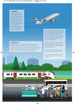 1. PESAWAT
Penumpang pesawat ter-
bang dapat menunjuk-
kan hasil negatif tes PCR,
membawa kartu vaksin
minimal dosis pertama.
Sementara itu, untuk sya-
rat naik pesawat di luar
wilayah Jawa Bali hampir
sama, namun ada
tambahan yaitu diwajib-
kan menunjukkan hasil
negatif tes PCR (H-2).
2. KERETA API
Penumpang kereta api diperbolehkan menunjukkan hasil
negatif tes antigen, membawa kartu vaksin minimal dosis
pertama. Sementara itu, untuk syarat naik kereta api di luar wi-
layah Jawa Bali hampir sama, namun ada tambahan yaitu di-
wajibkan menunjukkan hasil negatif tes antigen (H-1).
Aturan menyertakan hasil tes swab PCR
H-3 untuk penumpang pesawat dan an-
tigen H-1 ini berlaku untuk seluruh
daerah PPKM level 3, 2 dan 1. Adapun
aturan untuk pengemudi kendaraan lo-
gistik dan transportasi barang lainnya
berlaku sebagai berikut:
1. Sopir yang sudah divaksin dua kali
dapat menggunakan antigen yang ber-
laku selama 14 hari untuk melakukan
perjalanan domestik.
2. Sopir yang baru divaksin 1 kali, an-
tigen akan berlaku selama tujuh hari.
3. Sopir yang belum divaksin, harus me-
lakukan antigen yang berlaku selama
1x24 jam.
21
08/November/XI/2021
Hlm 1-25_BRAFOPMK_Nov-2021_MASTER BRAFOPMK 11/4/2021 5:47 PM Page 21
 