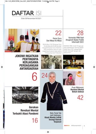 Edisi 08/November/XI/2021
22
24
6
28
42
16
Peran Guru
Dari Masa Ke Masa
Batu Terjal Tak
Jadi Halangan,
Kisah Wanita Listrik
Terangi Daerah
Terpencil
JOKOWI INGATKAN
PENTINGNYA
KERJASAMA
PERDAGANGAN
ANTARDAERAH
Gerakan
Revolusi Mental
Terbukti Atasi Pandemi
Kemenko PMK Raih
Anugerah Badan Publik
Informatif 2021
Puan Maharani:
Revolusi Mental
Belum Selesai
PADA tahun 1932 Persatuan Guru
Hindia Belanda (PGHB) berubah
menjadi Persatuan Guru Indonesia
(PGI). Perubahan nama ini suatu
langka berani penuh risiko, karena
mengusung nama“Indonesia”
KEMENKO PMK meraih Penganuge-
rahan Keterbukaan Informasi Badan
Publik Tahun 2021 sebagai Badan
Publik 'Informatif' dengan nilai
sebesar 94,71.
3
08/November/XI/2021
Hlm 1-25_BRAFOPMK_Nov-2021_MASTER BRAFOPMK 11/4/2021 5:46 PM Page 3
 