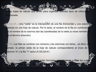  Libro de Excel 2010.- Un libro de Microsoft Excel es un archivo que incluye una o
varias hojas de cálculo que sirven para organizar distintos tipos de información
relacionada.
 CELDA .- Una "celda" es la intersección de una fila (horizontal) y una columna
(vertical) en una hoja de calculo. Por lo tanto, el nombre de la fila en combinación
con el nombre de la columna dan las coordenadas de la celda (a veces también se
usa el término dirección).
 Fila.-Las filas se nombran con números y las columnas con letras....es decir, por
ejemplo, la primer celda de la hoja de calculo correspondiente al cruce de la
columna "A" y la fila "1" seria LA CELDA A1.
 Columna.-Las hojas de Excel están formadas por columnas y filas las cuales
dan forma a las celdas. De esta manera cada celda tiene una dirección única
dentro de la hoja que está precisamente definida por la columna y la fila done está
 