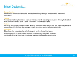 © 2010 EdisonLearning, Inc. All rights reserved School Designs is… Comprehensive A meticulous educational approach is complemented by strategic involvement of family and community.  Flexible There’s no one thing that makes a school truly superior. It is a complex equation of many factors that, when they rely on each other, create a seamless formula for success. Tested Since our first schools opened in 1995, EdisonLearning School Designs has had the privilege to work successfully with district and charter partners in over two hundred schools nationwide.  Innovative EdisonLearning uses educational technology to perform two critical tasks: to better prepare students for life in a tech-based society and global workforce. to better customize instruction to meet the needs and interests of all students. 