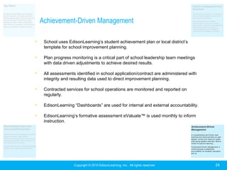 Achievement-Driven Management

•    School uses EdisonLearning’s student achievement plan or local district’s
     template for school improvement planning.

•    Plan progress monitoring is a critical part of school leadership team meetings
     with data driven adjustments to achieve desired results.

•    All assessments identified in school application/contract are administered with
     integrity and resulting data used to direct improvement planning.

•    Contracted services for school operations are monitored and reported on
     regularly.

•    EdisonLearning “Dashboards” are used for internal and external accountability.

•    EdisonLearning’s formative assessment eValuate™ is used monthly to inform
     instruction.




                    Copyright © 2010 EdisonLearning, Inc. All rights reserved          24
 