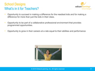 School Designs
What’s in it for Teachers?
• Opportunity to succeed in making a difference for the neediest kids and for making a
   difference for more than just the kids in their class.

• Opportunity to be part of a collaborative professional environment that provides
   programmed opportunities.

• Opportunity to grow in their careers at a rate equal to their abilities and performance




                              © 2010 EdisonLearning, Inc. All rights reserved               31
 