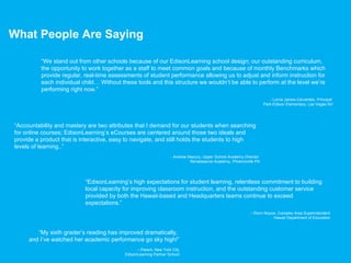 What People Are Saying

          “We stand out from other schools because of our EdisonLearning school design; our outstanding curriculum,
          the opportunity to work together as a staff to meet common goals and because of monthly Benchmarks which
          provide regular, real-time assessments of student performance allowing us to adjust and inform instruction for
          each individual child… Without these tools and this structure we wouldn’t be able to perform at the level we’re
          performing right now.”
                                                                                                                  - Lorna James-Cervantes, Principal
                                                                                                              Park-Edison Elementary, Las Vegas NV




“Accountability and mastery are two attributes that I demand for our students when searching
for online courses; EdisonLearning’s eCourses are centered around those two ideals and
provide a product that is interactive, easy to navigate, and still holds the students to high
levels of learning..”
                                                             - Andrew Maoury, Upper School Academy Director
                                                                       Renaissance Academy, Phoenixville PA




                           “EdisonLearning’s high expectations for student learning, relentless commitment to building
                           local capacity for improving classroom instruction, and the outstanding customer service
                           provided by both the Hawaii-based and Headquarters teams continue to exceed
                           expectations.”
                                                                                                      – Ronn Nozoe, Complex Area Superintendent
                                                                                                                 Hawaii Department of Education


        “My sixth grader’s reading has improved dramatically,
     and I’ve watched her academic performance go sky high!”
                                               – Parent, New York City
                                 Copyright © 2010 EdisonLearning,
                                         EdisonLearning Partner School   Inc. All rights reserved                                                      50
 
