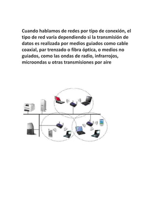 Cuando hablamos de redes por tipo de conexión, el
tipo de red varía dependiendo si la transmisión de
datos es realizada por medios guiados como cable
coaxial, par trenzado o fibra óptica, o medios no
guiados, como las ondas de radio, infrarrojos,
microondas u otras transmisiones por aire
 