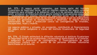 Art. 373.- El seguro social campesino, que forma parte del Instituto
Ecuatoriano de Seguridad Social, será un régimen especial del seguro universal
obligatorio para proteger a la población rural y a las personas dedicadas a la
pesca artesanal; se financiará con el aporte solidario de las personas aseguradas
y empleadoras del sistema nacional de seguridad social, con la aportación
diferenciada de las jefas o jefes de las familias protegidas y con las asignaciones
fiscales que garanticen su fortalecimiento y desarrollo. El seguro ofrecerá
prestaciones de salud y protección contra las contingencias de invalidez,
discapacidad, vejez y muerte.
Los seguros públicos y privados, sin excepción, contribuirán al financiamiento
del seguro social campesino a través del Instituto Ecuatoriano de Seguridad
Social.
Art. 374.- El Estado estimulará la afiliación voluntaria al Instituto Ecuatoriano
de Seguridad Social a las ecuatorianas y ecuatorianos domiciliados en el exterior,
y asegurará la prestación de contingencias. El financiamiento de estas
prestaciones contará con el aporte de las personas afiliadas voluntarias
domiciliadas en el exterior.
 