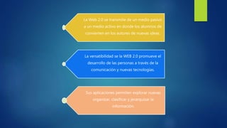 La Web 2.0 se transmite de un medio pasivo
a un medio activo en donde los alumnos de
convierten en los autores de nuevas ideas.
La versatibilidad se la WEB 2.0 promueve el
desarrollo de las personas a través de la
comunicación y nuevas tecnologías.
Sus aplicaciones permiten explorar nuevas
organizar, clasificar y jerarquizar la
información.
 