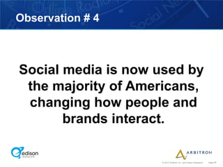 Observation # 4



Social media is now used by
 the majority of Americans,
 changing how people and
       brands interact.

                    © 2012 Arbitron Inc. and Edison Research   page 68
 