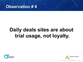Observation # 6




 Daily deals sites are about
   trial usage, not loyalty.



                      © 2012 Arbitron Inc. and Edison Research   page 70
 