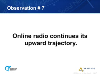 Observation # 7




  Online radio continues its
      upward trajectory.



                      © 2012 Arbitron Inc. and Edison Research   page 71
 