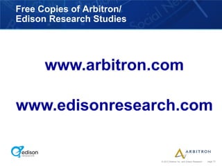 Free Copies of Arbitron/
Edison Research Studies




      www.arbitron.com

www.edisonresearch.com


                           © 2012 Arbitron Inc. and Edison Research   page 73
 