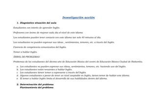 Investigación acción<br />Diagnóstico situación del aula<br />Estudiantes con interés de aprender Inglés.<br />Profesores con ánimo de mejorar cada día el nivel de este idioma<br />Los estudiantes pueden tener contacto con este idioma tan solo 40 minutos al día.<br />Los estudiantes no pueden expresar sus ideas , sentimientos, temores, etc. a través del Inglés.<br />Carencia de competencia comunicativa del Inglés.<br />Temor a hablar Inglés.<br />ÁRBOL DE PROBLEMAS<br />Problemas de los estudiantes del décimo año de Educación Básica del centro de Educación Básica Ciudad de Riobamba.<br />Los estudiantes no pueden expresar sus ideas, sentimientos, temores, etc. haciendo uso del Inglés.<br />Los estudiantes están renuentes a hablar Inglés.<br />Los estudiantes tienen temor a expresarse a través del Inglés.<br />Algunos estudiantes a pesar de tener un nivel aceptable en Inglés, tienen temor de hablar este idioma.<br />El temor a hablar Inglés limita el desarrollo de sus habilidades dentro del idioma.<br />Determinación del problema<br />Planteamiento del problema<br />El temor a hablar Inglés que impide el desarrollo de la competencia comunicativa de este idioma, puede disminuir con la implementación del club de conversación extra clase en el décimo año de educación básica del centro educativo “Ciudad de Riobamba”, provincia de Chimborazo, cantón Riobamba durante el periodo lectivo 2010 2011.<br />Planteamiento del objetivo<br />Objetivo general<br />Disminuir el temor a hablar Inglés que impide el desarrollo de la competencia comunicativa del idioma Inglés en el décimo año de educación básica del centro educativo “Ciudad de Riobamba”, provincia de Chimborazo, cantón Riobamba durante el periodo lectivo 2010-2011.<br />Hipótesis explicativa<br />El problema del temor a hablar Inglés que impide el desarrollo de la competencia comunicativa  disminuirá con la implementación del club de conversación extra clase en el décimo año de educación básica del centro educativo “Ciudad de Riobamba”, provincia de Chimborazo, cantón Riobamba durante el periodo lectivo 2010 2011.<br />Saber la posible solución<br />Club de conversación extra clase<br />Los alumnos que participan en un programa o Club de Conversación  conoce a compañeros de diferentes niveles que buscan mejorar su segundo idioma.<br />Este programa es especialmente creado para ayudar a los estudiantes  a mejorar sus habilidades conversacionales en su segundo idioma así como proveer una fuente para intercambio cultural cara a cara y de igual manera a desarrollar nuevas amistades.<br />Una de las metas de un Club de Conversación es también aprender, no solamente un segundo idioma, sino también, ayudar a los estudiantes a interactuar con facilidad con otros y crear amistades a largo plazo. Los estudiantes pueden ayudar a los alumnos con habilidades básicas de conversación, expresiones, vocabulario e idiomas.<br />Los estudiantes reciben un tópico cada semana, así que presentaciones semanales acerca tópicos especiales pueden ser practicados con el compañero de conversación. Retroalimentación positiva debe ser otorgada así como actitud amistosa del maestro así como de los miembros, quienes también deben hacer cambios positivos en el grupo. Recalcando los principales beneficios de un club , se detallan los siguientes:<br />Manejo más fluido del idioma<br />Producción conversacional automática<br />Aprendizaje de vocabulario y modismos nuevos<br />Manejo del idioma en ambientes muy abiertos <br />Selección de la estrategia metodológica<br />La estrategia metodológica será: El club de conversación extra clase basado en actividades cooperativas comunicativas sustentadas en los contenidos generados de un cuestionario de intereses aplicado como actividad previa en el plan de ejecución de actividades.<br />Elaboración del plan de acción<br />Plan de acción<br />IDatos generales<br />IIObjetivo<br />IIIPlan de acción<br />Resultados esperadosActividadesIndicadoresMetasTotalTiempo en semanasResponsable (s)Utilizar técnicas comunicativas para el desarrollo de las actividades del ………. De ……… extra clase en los estudiantes del décimo año - Plantear ejercicios que requieran reportes orales.- Desarrollar actividades que requieren buscar y generar información personal y de grupo- Número de estudiantes que dan reportes de manera voluntaria.- Nivel de participación voluntaria vs. participación obligatoria- Que el 95% de los estudiantes generen reportes de manera voluntaria.- Que el nivel de participación voluntaria sea mayor al de participación obligatoria.4- Director de la institución.- Maestra de InglésImplementar el trabajo cooperativo para el desarrollo de actividades en el club de conversaciónPlantear actividades en pares o grupos que requieran interacción grupal e individual.- Trabajo participativo.- Actitud colaborativa y de apoyo entre los miembros del grupo- Que el trabajo colaborativo disminuya el temor a hablar Inglés.- Que la colaboración y apoyo generen un entorno afectivo donde el 90% de los estudiantes deseen hablar Inglés. Estudiantes<br />Plan de ejecución de actividades<br />Datos generales<br />Institución: Centro Educativo “Ciudad de Riobamba”Año: Décimo de Educación Básica<br />Número de estudiantes:35<br />Nombre de la actividad:Cronograma<br />AccionesSemana 1Semana 2Semana 3Semana 4RecursosResponsable (s)lmmjvlmmjvlmmjvlmmjv- Acciones de planificación (previas)- Aplicación del cuestionario para conocer los intereses del estudiante.- Estructuración y desarrollo de los contenidos del “Club de conversación extra clase”.- Establecimiento de fechas y horario del club de conversación extra clase.- Listado de material didáctico a usarse.XXXXXXXXX- Cuestionario de intereses.- Web sites.- Libros.- Director de la institución.- Maestra.- Acciones de ejecución.- Desarrollar las actividades comunicativas.- Implementar reportes orales basados en la información recolectada en las tablas de completación de informaciónXXXXXXXXXXXXXXXXXXXXXXXXXXXXXXXXXXX- Hojas de trabajo.- Tablas de Información.- Disfraces- Maestra.- Estudiantes.Organizar grupos de trabajo que realicen: Role-plays, presentaciones, dramatizaciones, entrevistas, proyectos.XXXXXXXXXXXXXXXActividades de evaluación (posteriores).- Dar reportes orales basados en semiscripts a ser decodificados y codificados en Inglés.- Entablar ejercicios de comunicación en pares.- Entablar debates de grupos.- Realizar dramatizaciones, role-plays, proyectos.XXXXXXXXXXXXXXXXXXXXXXXXXXXXXXXXXXXXXXXXXXXXXXXXXXXXXXXXXXXX- Hojas de guía.- Hojas de valoración.- Maestra.- Estudiantes.<br />Plan de ejecución de actividades<br />Datos generales<br />Institución: Centro Educativo “Ciudad de Riobamba”Año: Décimo de Educación Básica<br />Número de estudiantes:35<br />Nombre de la actividad:El club de conversación extra clase<br />Resultados esperadosIndicadoresMeta programadaMeta logradaMedios de verificaciónResultados esperadosDisminuir el temor a hablar Inglés para desarrollar la competencia comunicativa en los estudiantes del décimo año de educación básica del centro educativo “Ciudad de Riobamba”, cantón Riobamba, provincia de Chimborazo.Número de estudiantes que participan de manera voluntaria.Número de estudiantes con actitud relajada al usar el idioma Inglés.35 estudiantes35 estudiantes30 estudiantes28 estudiantesHojas de control de participación.Hojas de valoración de participación.Que el 90% de los estudiantes del décimo año de educación básica del centro educativo “Ciudad de Riobamba” disminuyan el temor a hablar Inglés y desarrollen su competencia comunicativa.Que el 70% de los estudiantes del décimo año de educación básica del centro educativo “Ciudad de Riobamba” disminuyan el temor a hablar Inglés y desarrollen su competencia comunicativa.<br />Grupo:<br />Edison Salazar <br />Geovanny Armas <br />Paúl Armas<br />Maria Agusta Garay<br />Pilar Santillan<br />