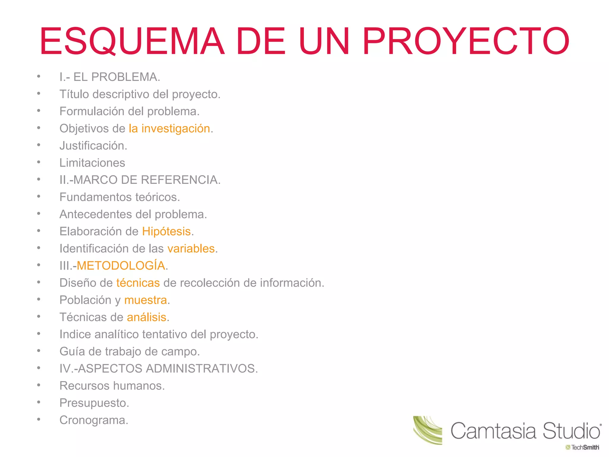 ESQUEMA DE UN PROYECTO
•   I.- EL PROBLEMA.
•   Título descriptivo del proyecto.
•   Formulación del problema.
•   Objetivos de la investigación.
•   Justificación.
•   Limitaciones
•   II.-MARCO DE REFERENCIA.
•   Fundamentos teóricos.
•   Antecedentes del problema.
•   Elaboración de Hipótesis.
•   Identificación de las variables.
•   III.-METODOLOGÍA.
•   Diseño de técnicas de recolección de información.
•   Población y muestra.
•   Técnicas de análisis.
•   Indice analítico tentativo del proyecto.
•   Guía de trabajo de campo.
•   IV.-ASPECTOS ADMINISTRATIVOS.
•   Recursos humanos.
•   Presupuesto.
•   Cronograma.
 